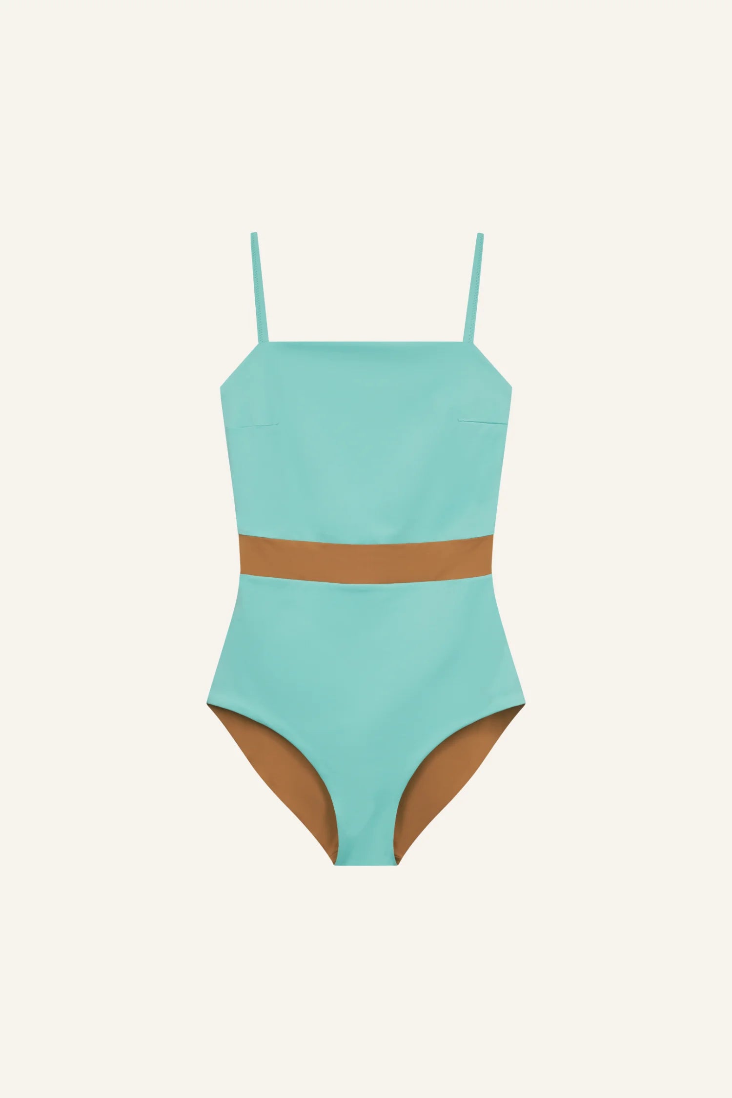 MYMARINI One-Piece-Badeanzug in aquamarin mit braunem Taillenband, Spaghettiträgern und hohem Beinausschnitt.#color_oak-eucalyptus