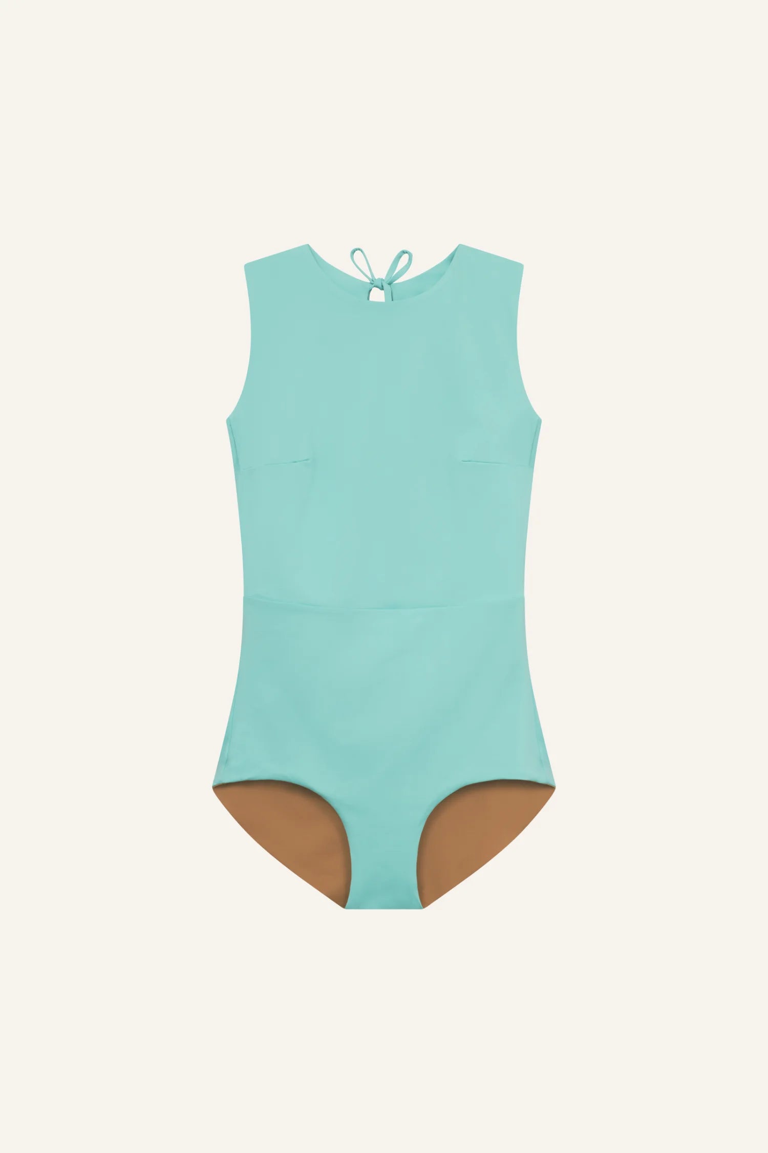 MYMARINI One-Piece Badeanzug in Mint, Rundhals mit Rückenbindeband, breite Träger, hoher Beinausschnitt.#color_oak-eucalyptus