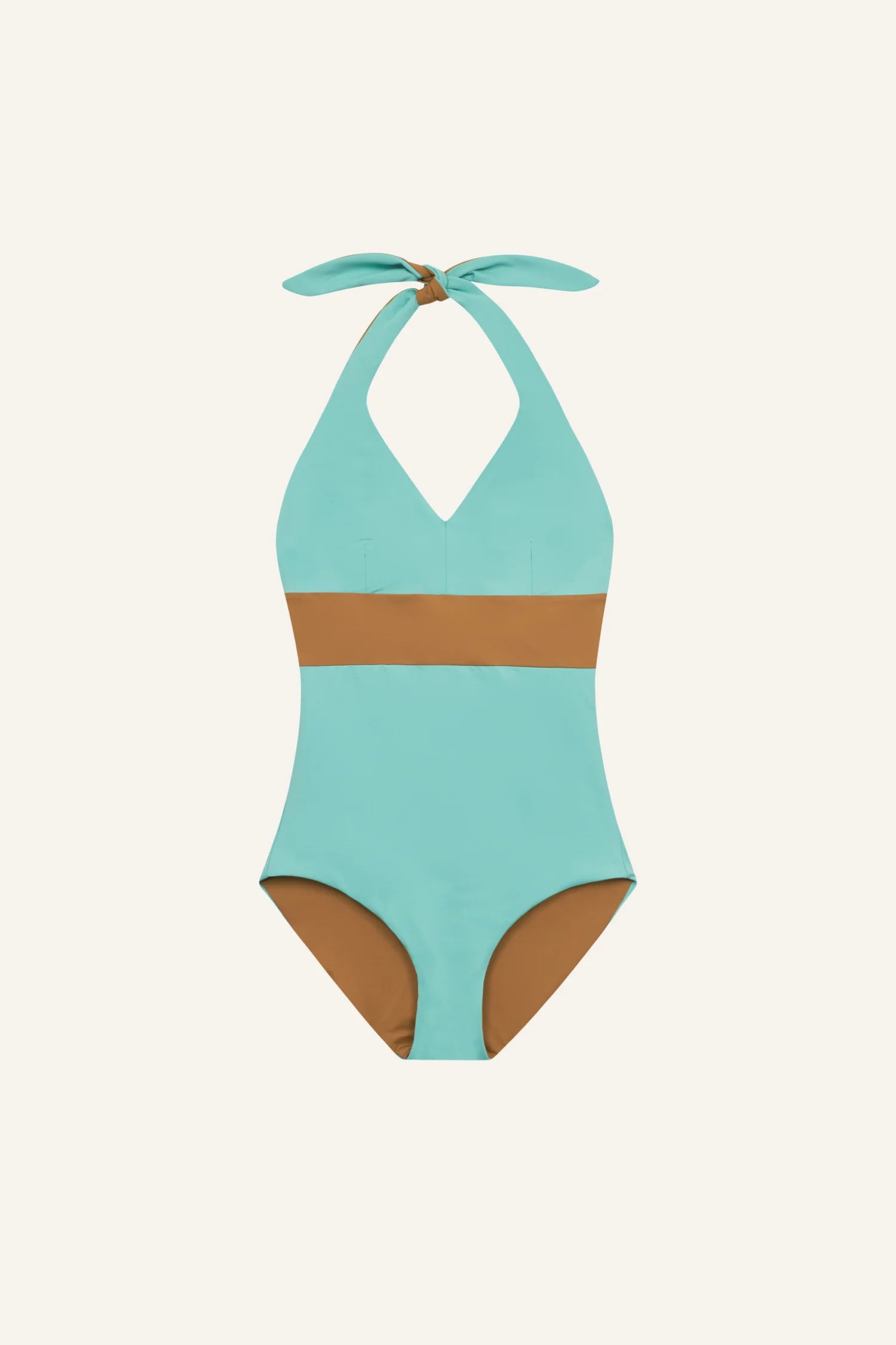 MYMARINI One-Piece-Badeanzug in Türkis mit brauner Band unter der Brust, Neckholder-Schnitt.#color_oak-eucalyptus