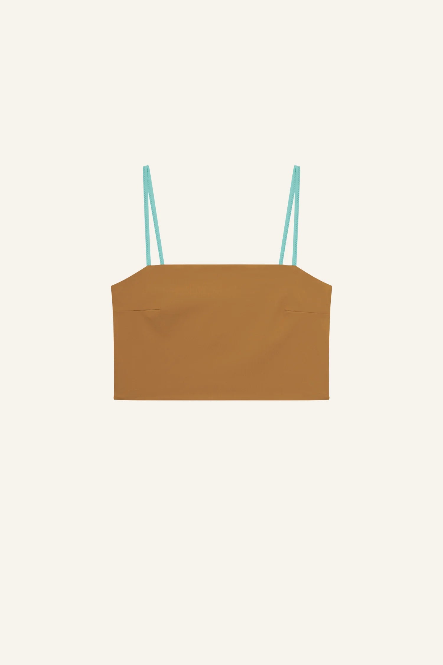 MYMARINI Bikini-Top in Braun mit hellblauen Spaghettiträgern, gerade geschnitten.#color_oak-eucalyptus