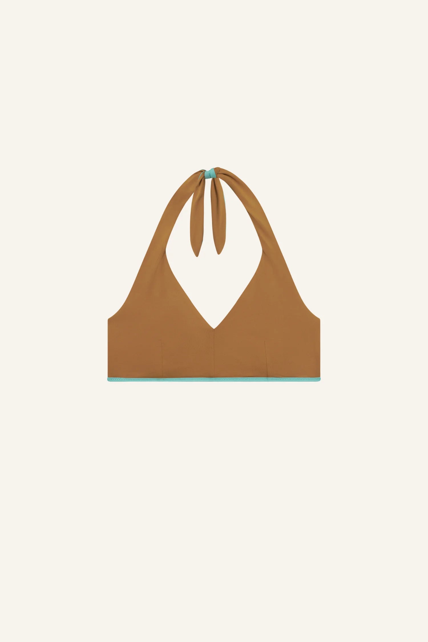 MYMARINI Bikinitop braun mit turquoise Rand unten, Halter-Neckholder, sichtbares Top.#color_oak-eucalyptus