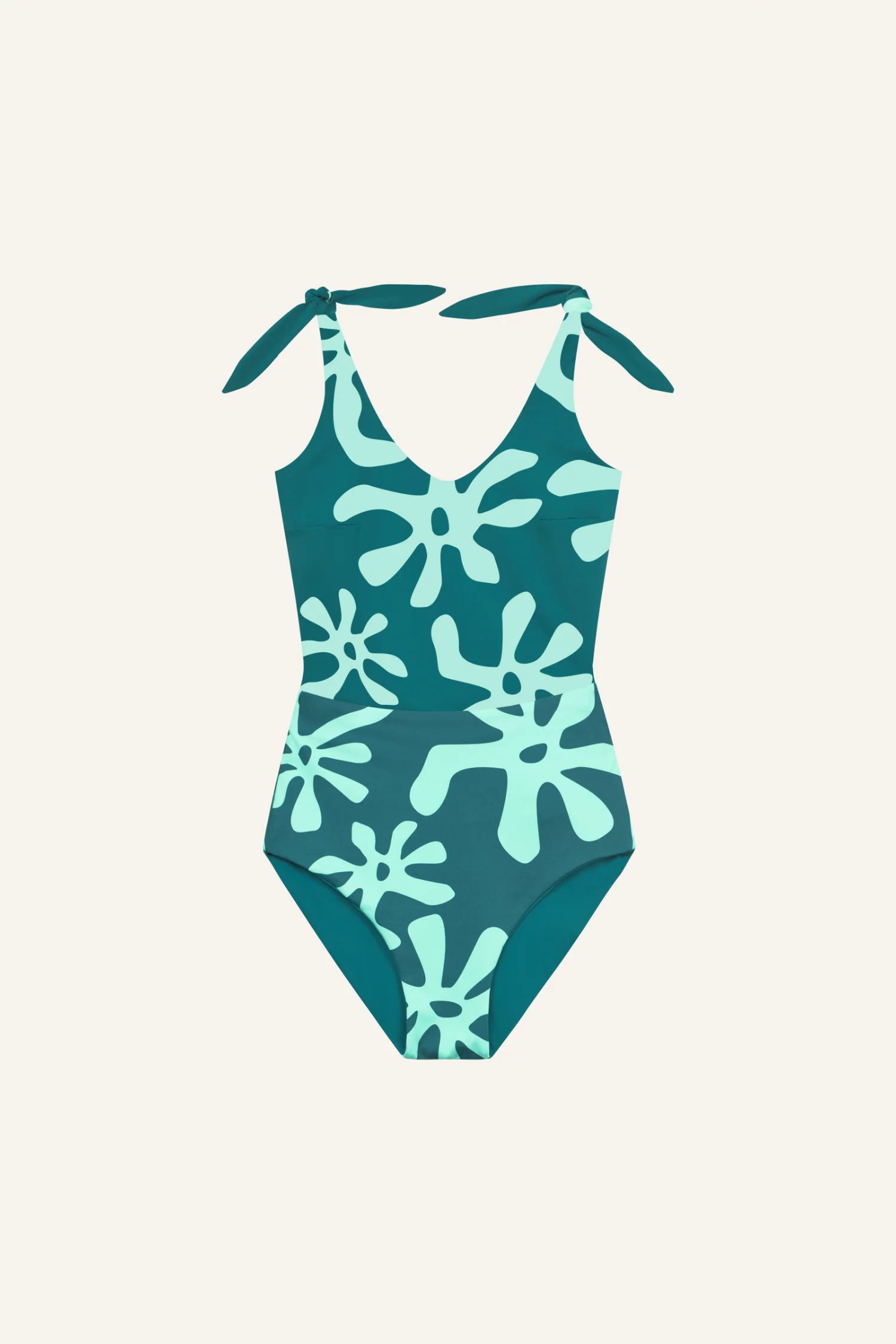 MYMARINI Badeanzug mit V-Ausschnitt und breiten Trägern, türkis mit hellblauem Muster auf hellem Hintergrund.#color_jungle-print