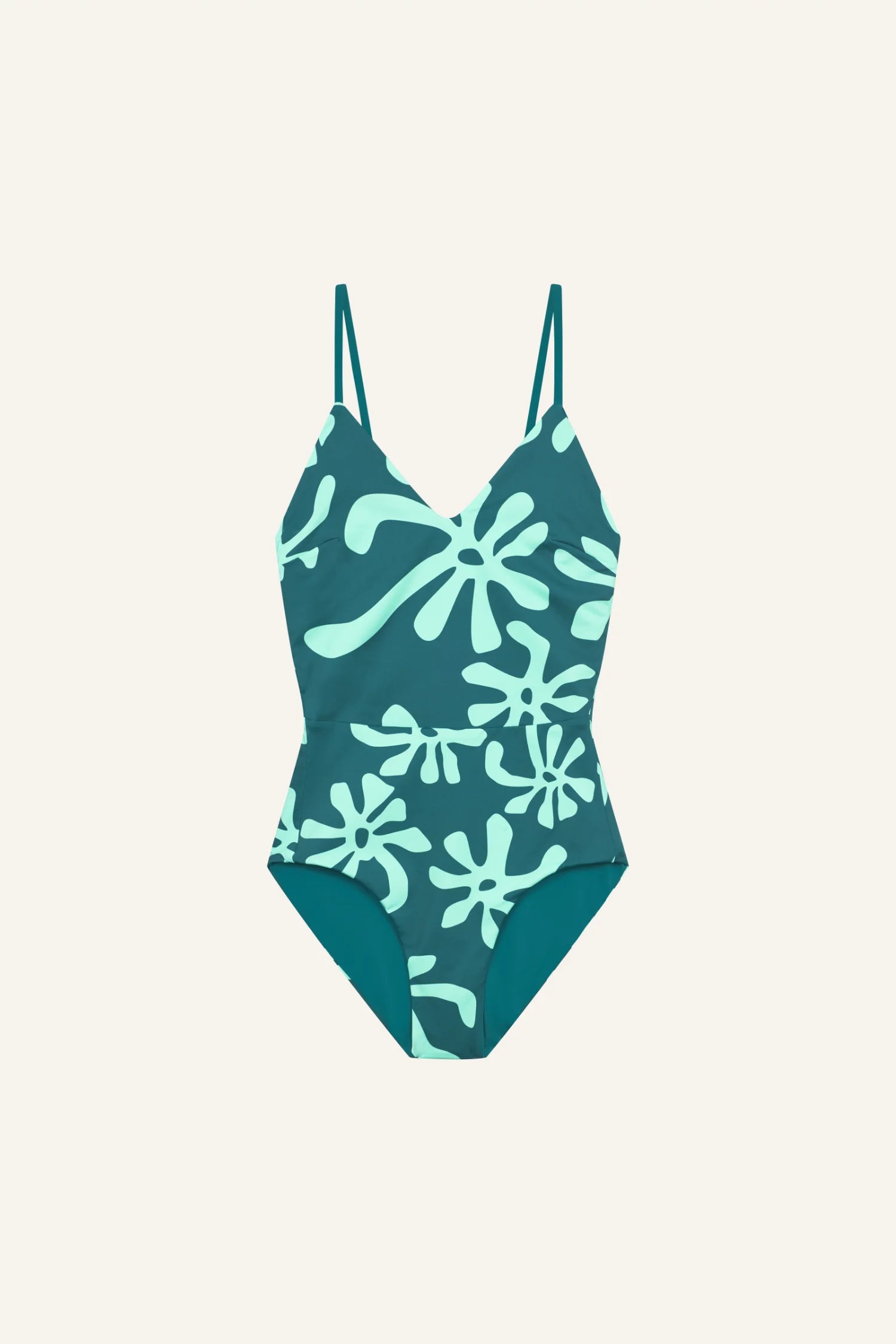 MYMARINI Badeanzug mit V-Ausschnitt und Spaghettiträgern, abstraktes Muster in Grün- und Blautönen.#color_jungle-print
