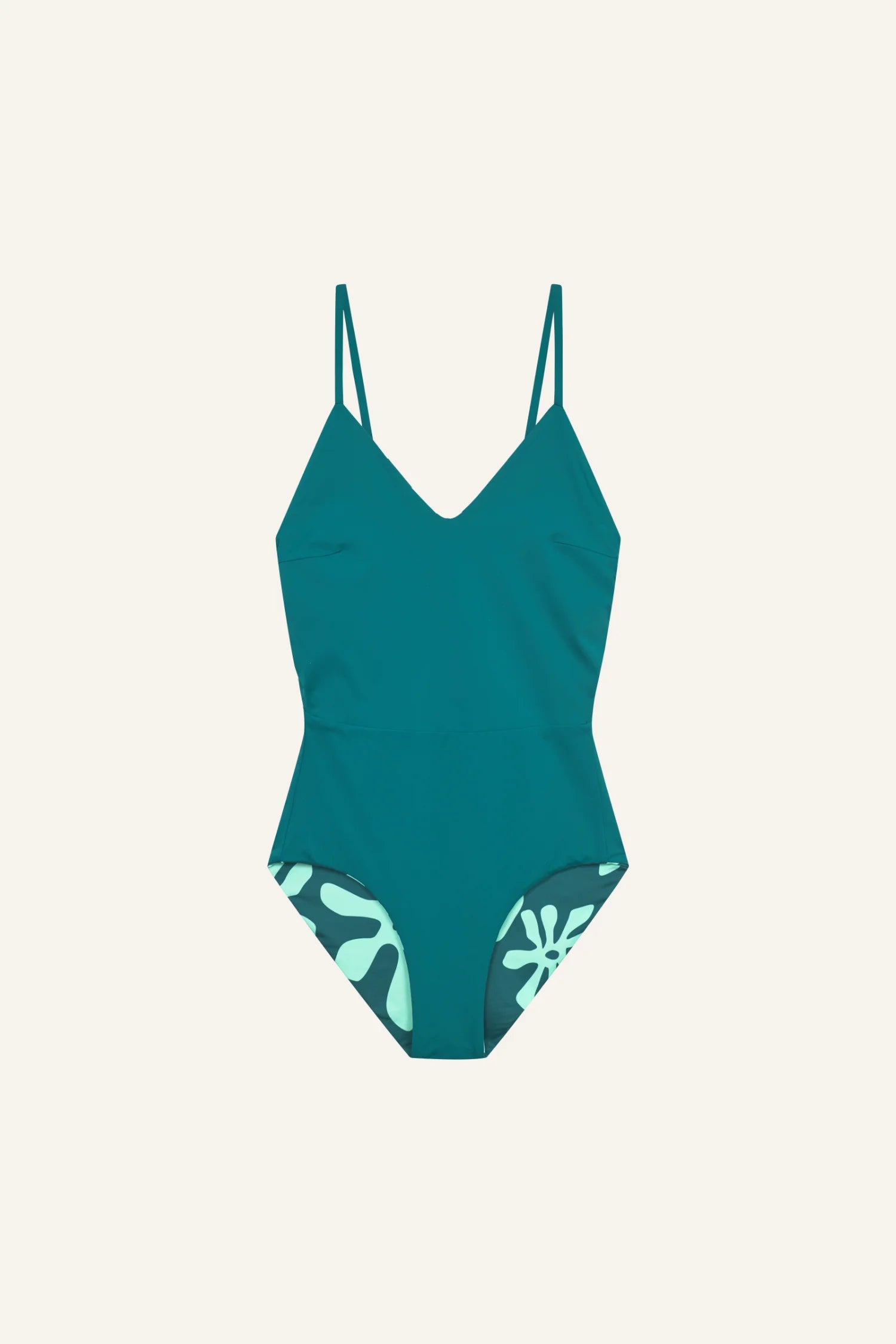 MYMARINI Badeanzug mit V-Ausschnitt und Spaghettiträgern in Türkis mit floralem Muster an den Seiten.#color_jungle-print