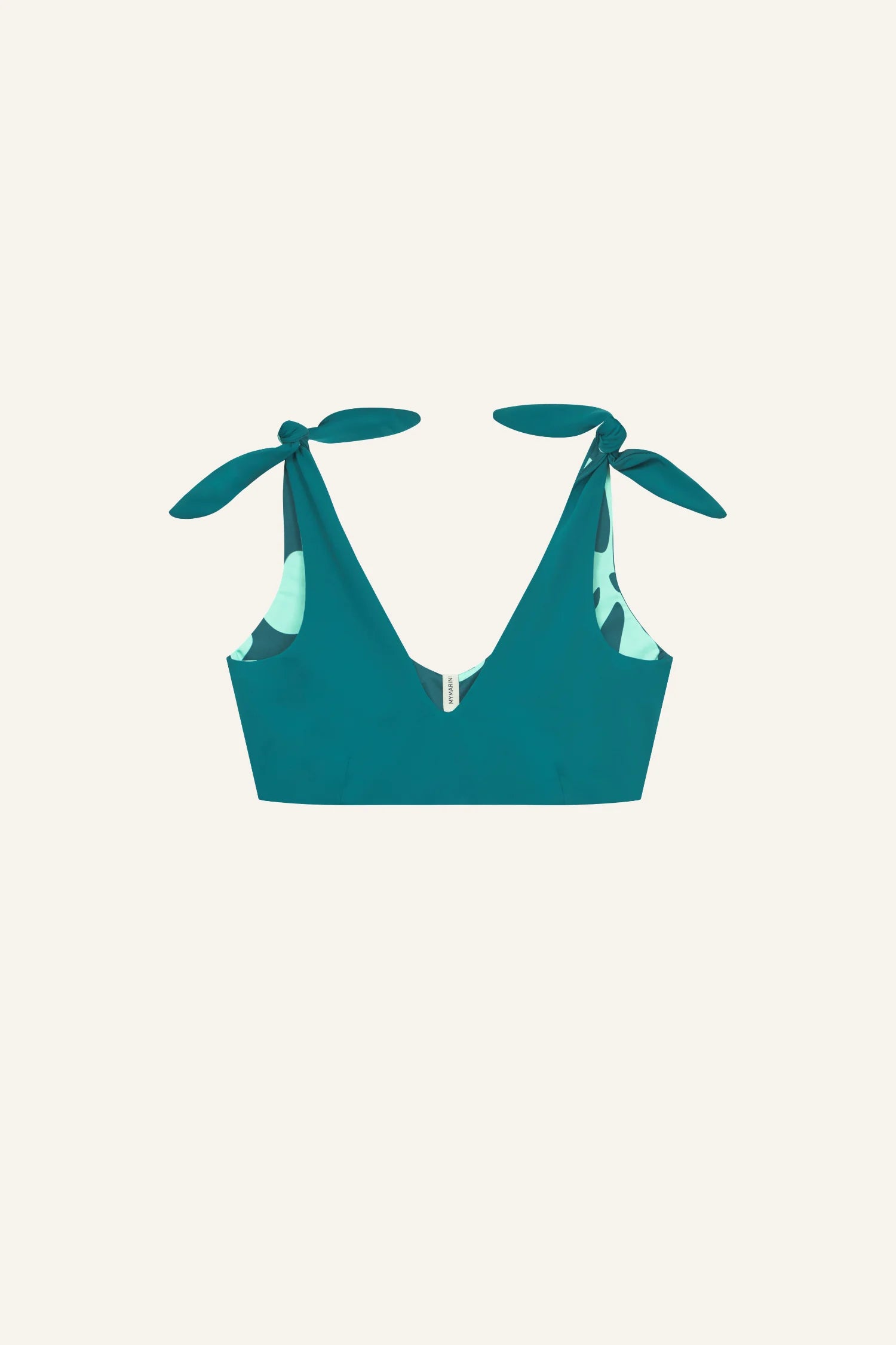 MYMARINI Bikinitop in Türkis mit V-Ausschnitt und breiten Trägern, die zu Schleifen gebunden sind.#color_jungle-print