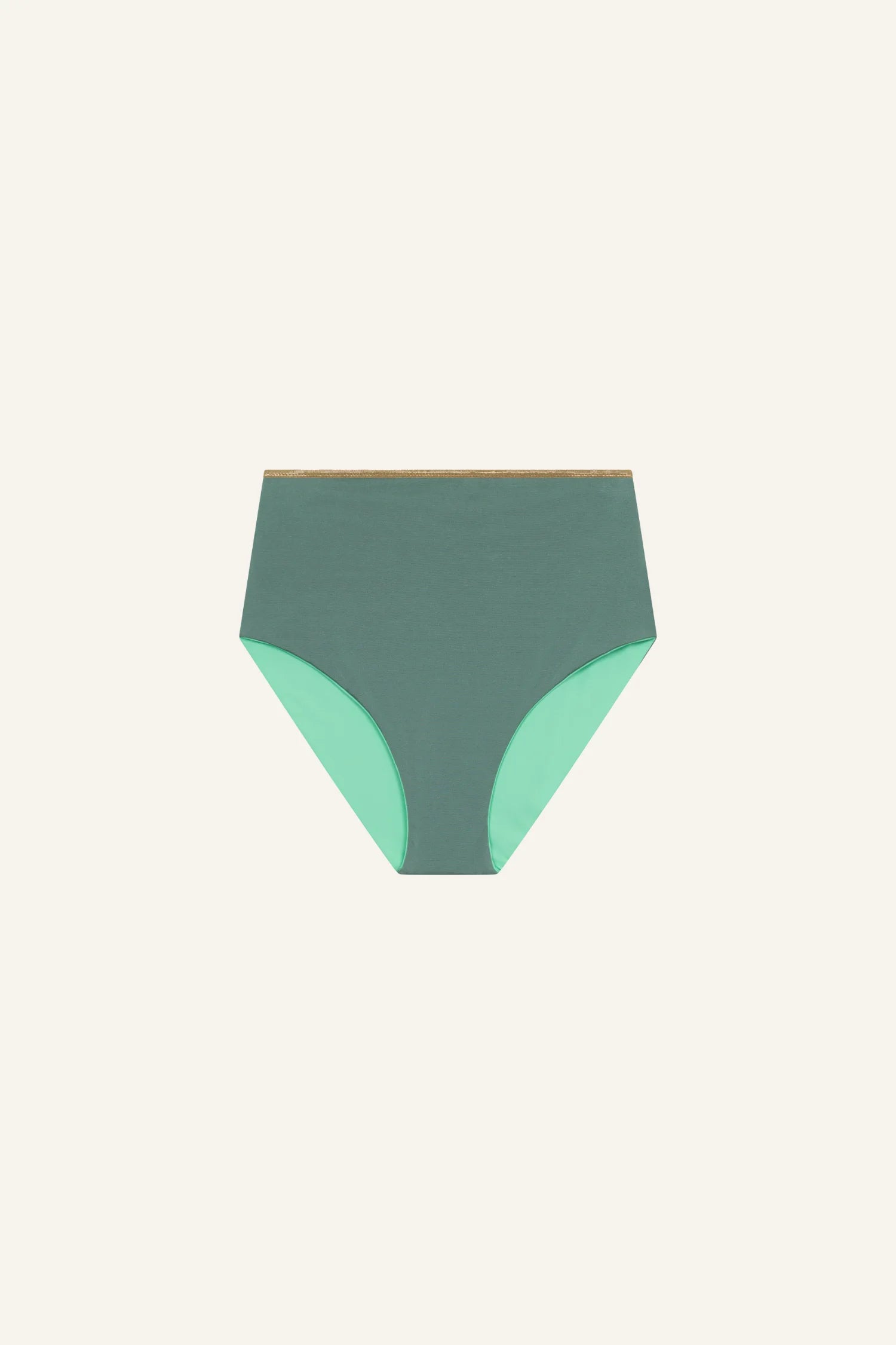 MYMARINI Bikinihose in Grün mit hohem Beinausschnitt auf hellem Hintergrund.#color_lagoon-teal
