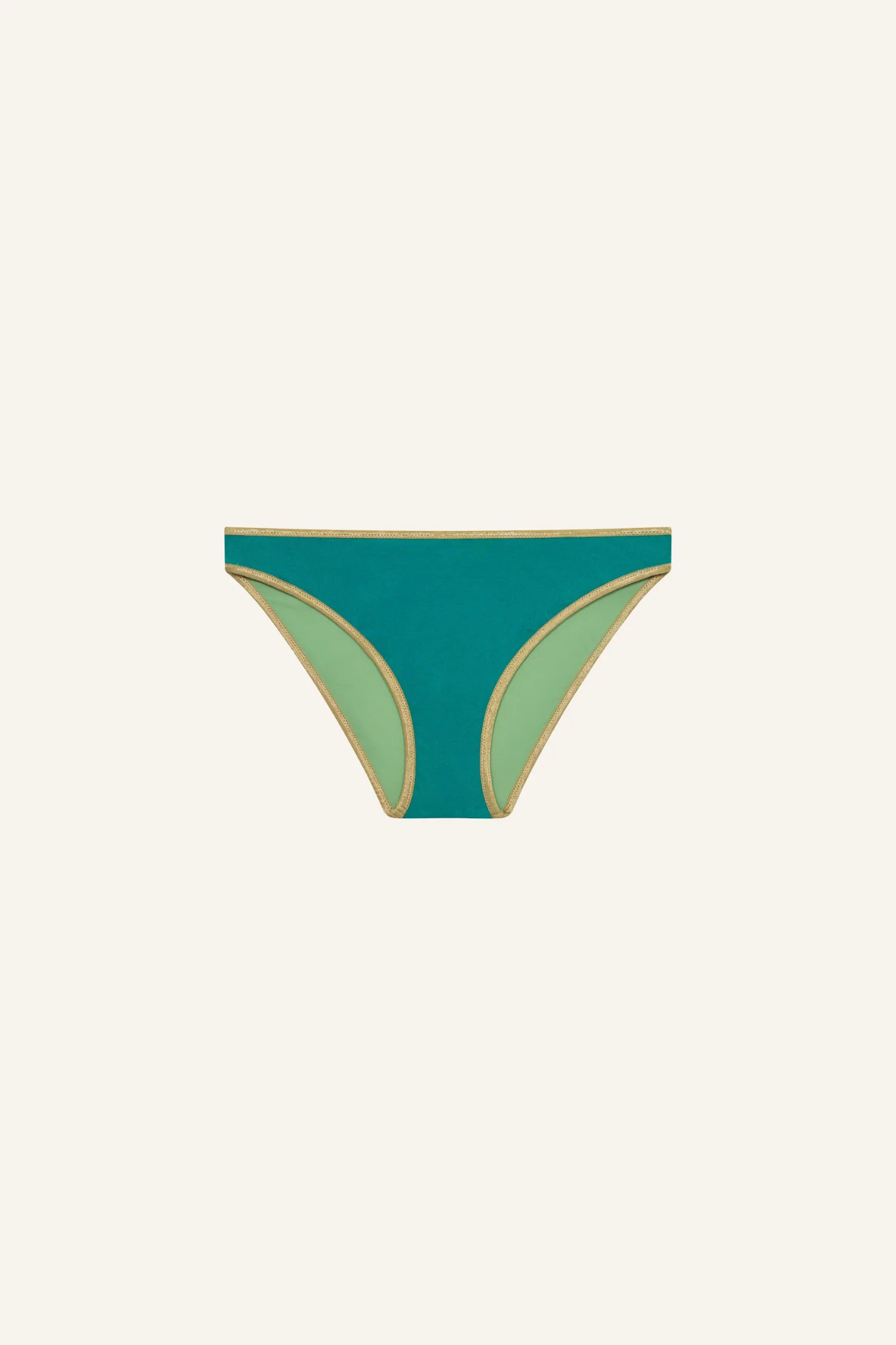 MYMARINI Bikinihose in Teal mit hellgrünen Paneelen und goldener Ziernaht; Mid rise, klarer Kontrast, Vordergrund des Bademod-Designs.#color_pine-basil