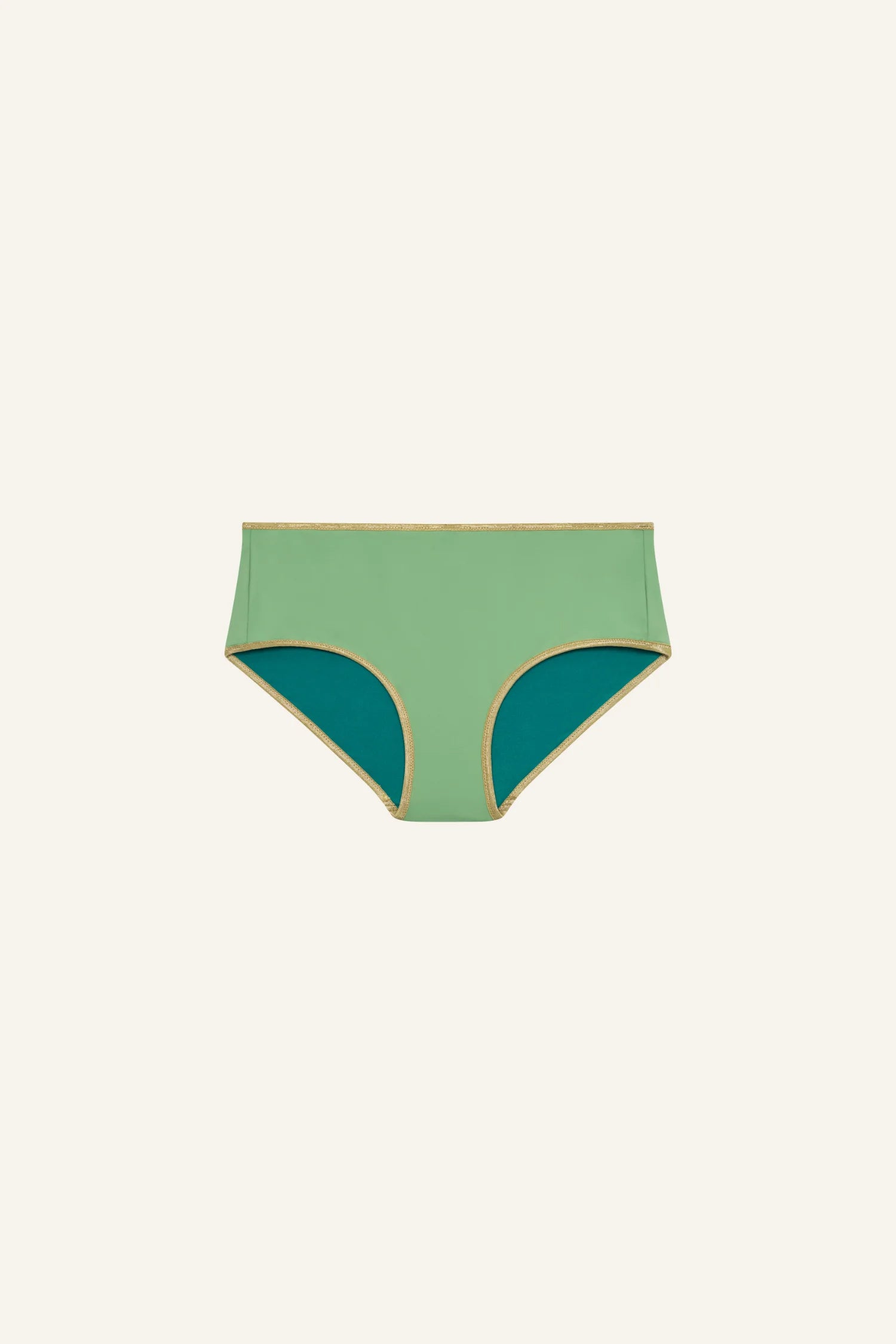 MYMARINI Bikinihose in grün mit goldener Bordüre und teal-Futter; High waist, Bikinihose.#color_pine-basil