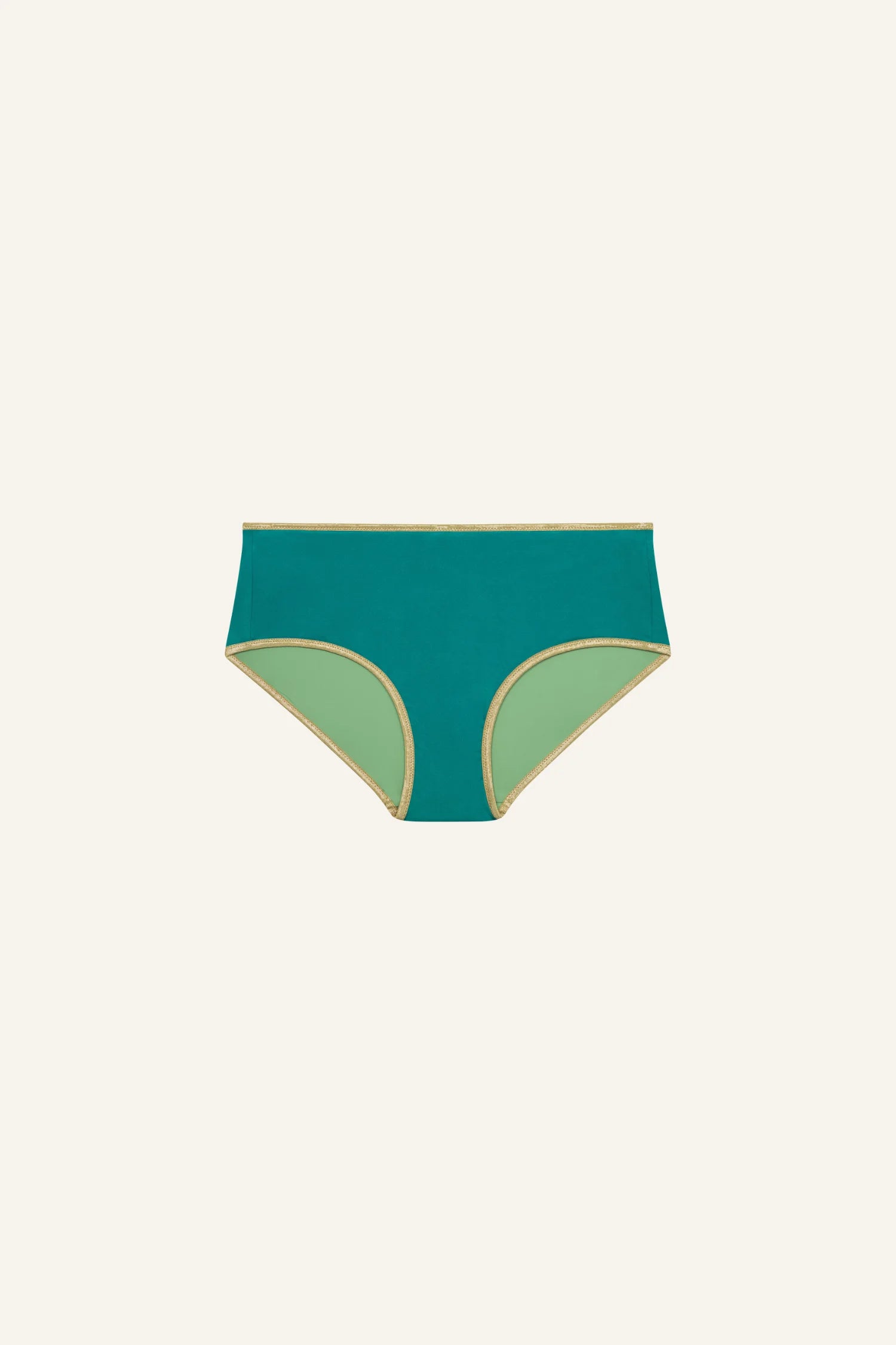 MYMARINI Bikini-Hose, High-Waist-Schnitt, teal mit hellgrünen Paneelen und goldener Ziernaht.#color_pine-basil