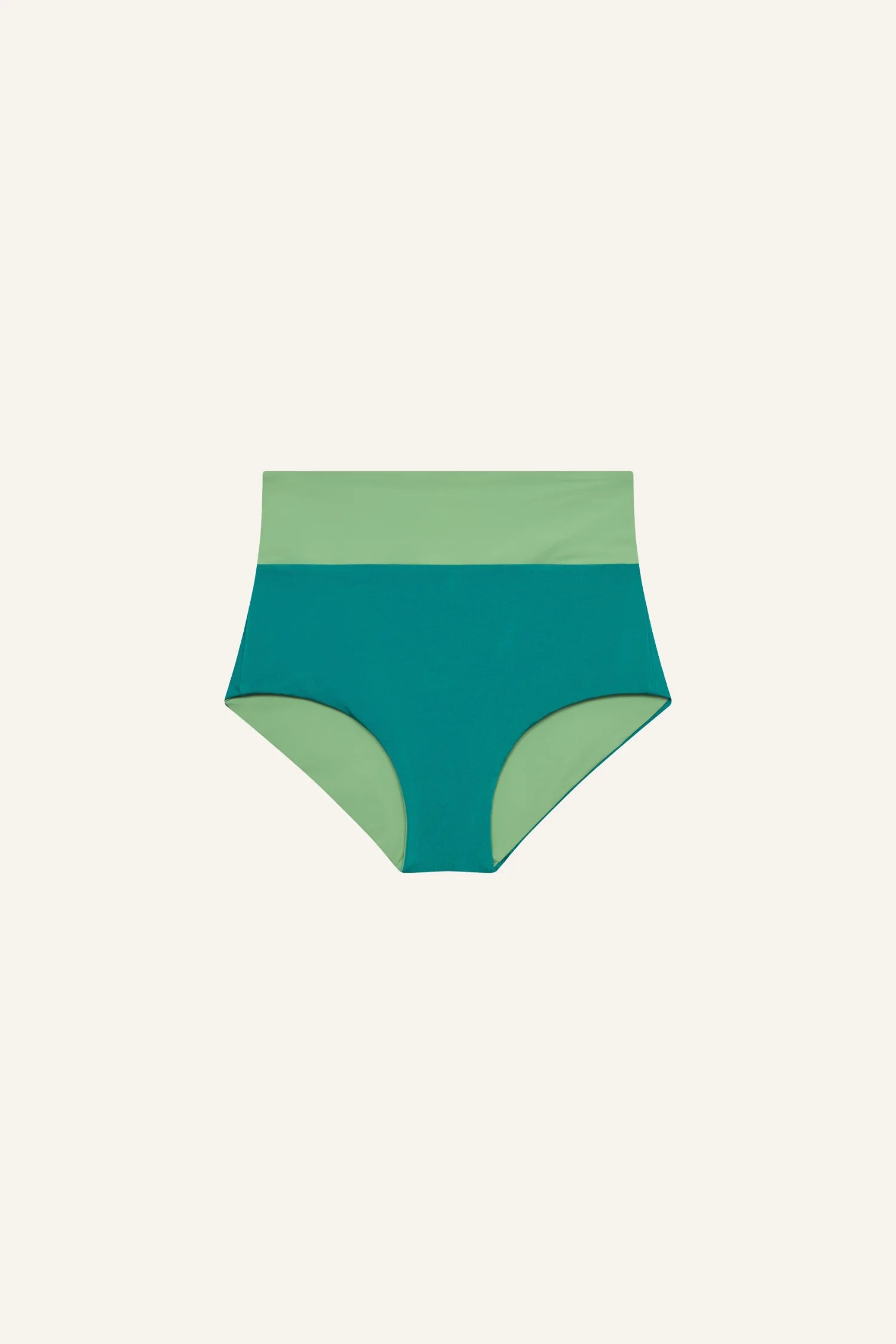 MYMARINI Bikinihose, hoch geschnittene Taille, colorblock Lime/Teal, breiter Bund, Vorderansicht.#color_pine-basil