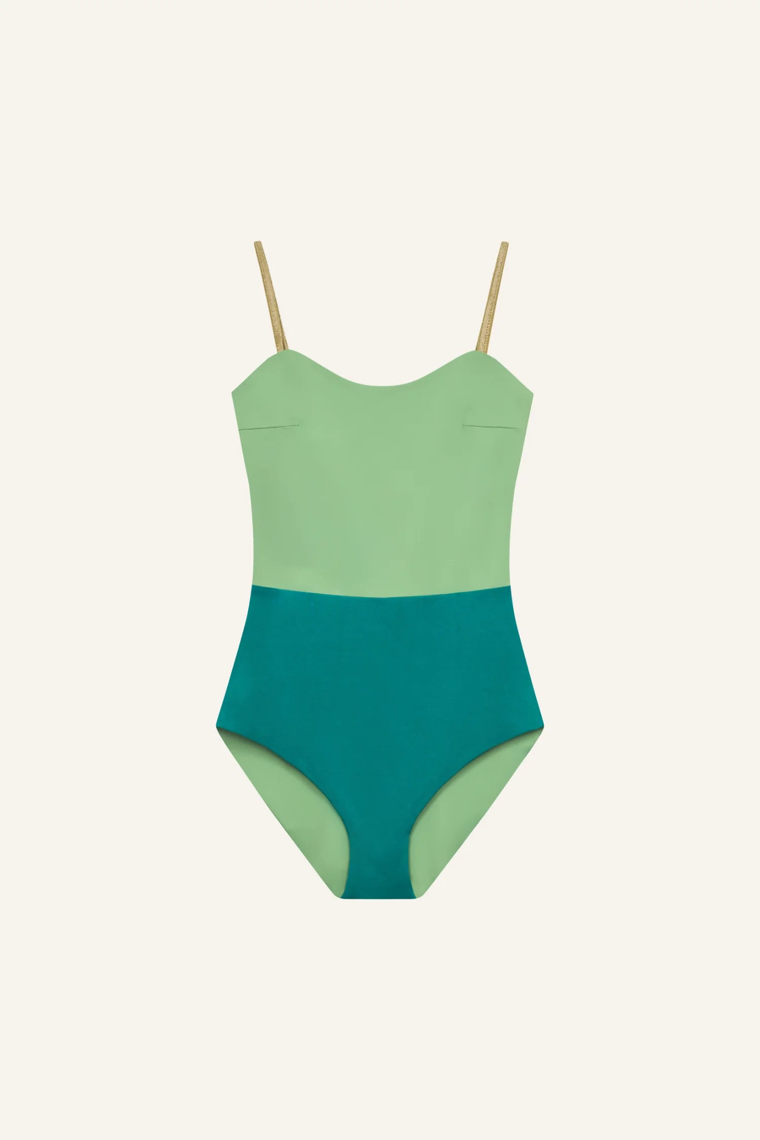 MYMARINI Einteiliger Badeanzug, grünes Oberteil mit herzförmigem Ausschnitt, dunklerer Unterteil, goldene Spaghettiträger.#color_pine-basil