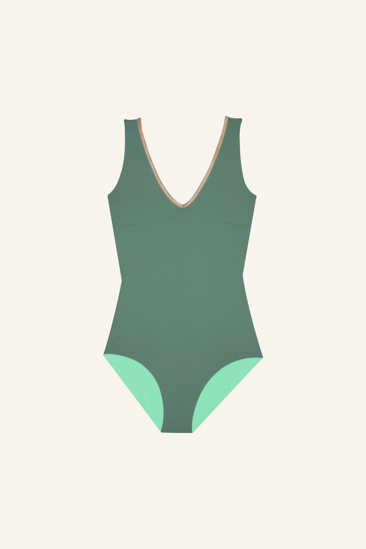 MYMARINI Badeanzug in Grün mit V-Ausschnitt und hohem Beinausschnitt auf hellem Hintergrund.#color_lagoon-teal