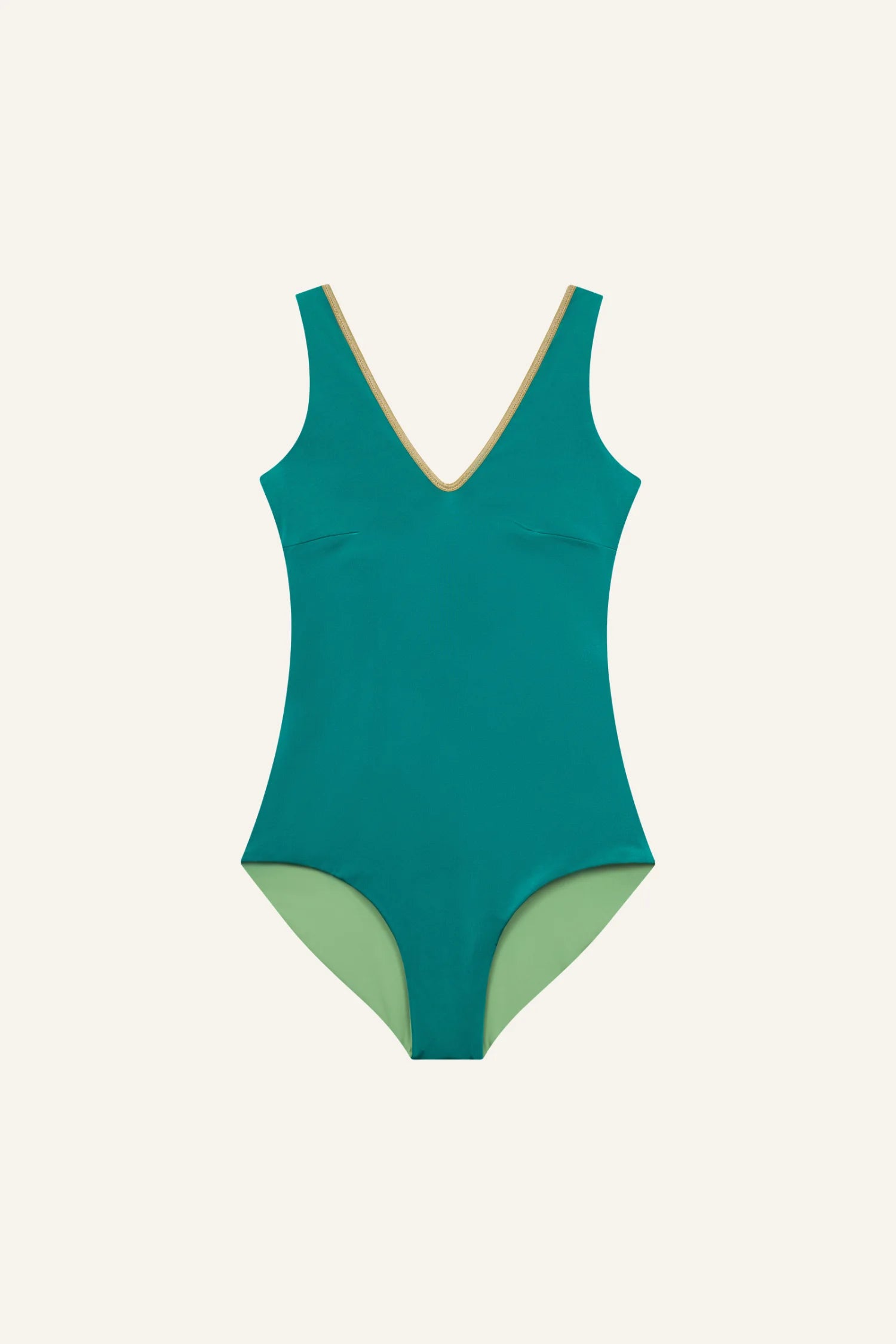 MYMARINI One-Piece Badeanzug mit V-Ausschnitt, breiten Trägern und goldener Randkante, teal mit hellgrünen Beinausschnitten.#color_pine-basil