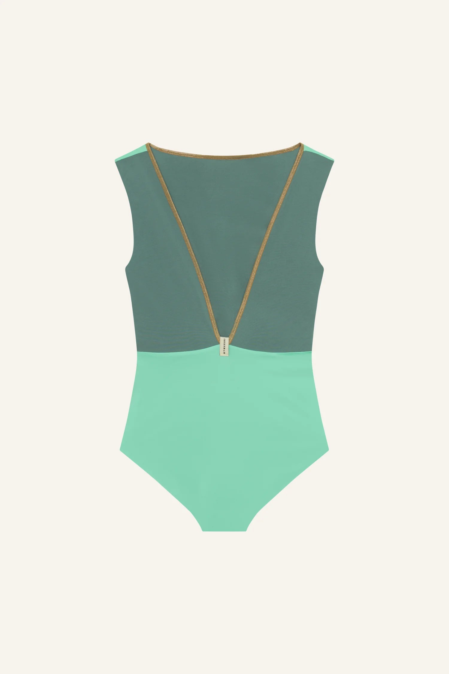 MYMARINI Badeanzug in Grün mit tiefem Rückenausschnitt und hohem Beinausschnitt, schlichtes Design.#color_lagoon-teal