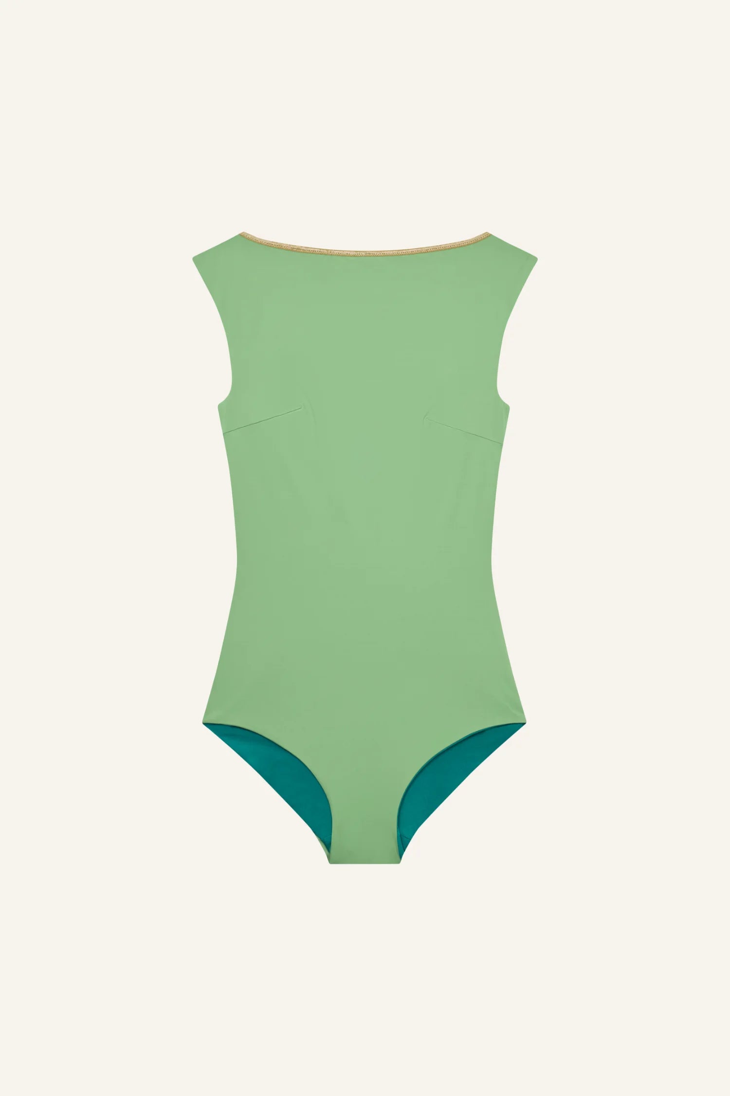 MYMARINI One-Piece-Badeanzug in Hellgrün mit goldener Kantenlinie am oberen Rand, breite Träger, innen blaues Belegmaterial sichtbar.#color_pine-basil