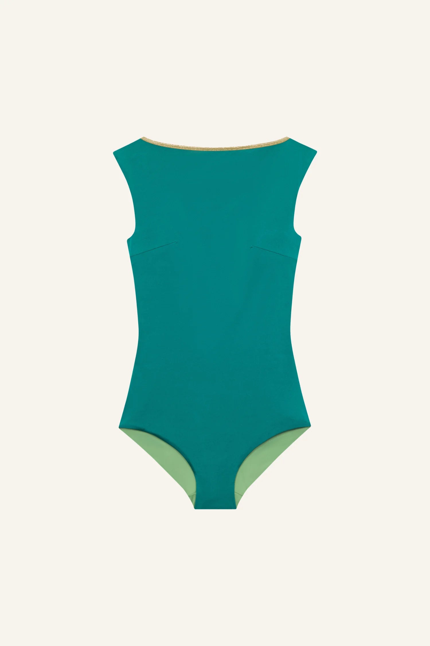 MYMARINI One-Piece Badeanzug in Teal, Rückenansicht, goldene Kante am Ausschnitt, hoher Beinausschnitt, Innenfarbe grün.#color_pine-basil