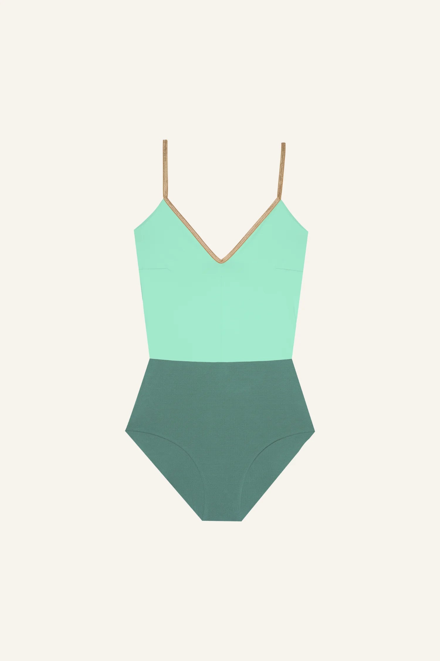 MYMARINI One-Piece Badeanzug in Mintgrün mit V-Ausschnitt und Spaghettiträgern, hoher Beinausschnitt.#color_lagoon-teal