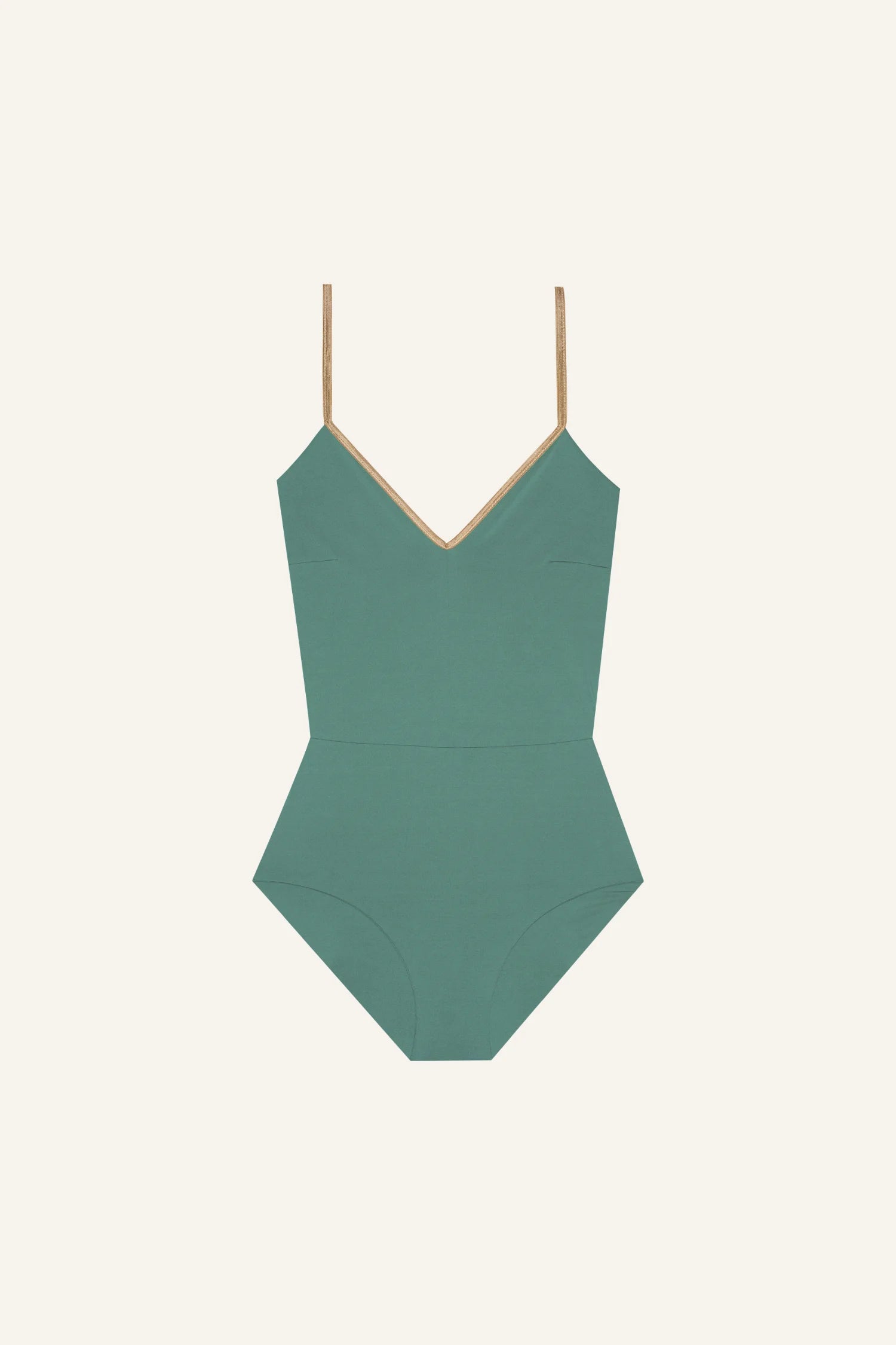 MYMARINI Badeanzug mit V-Ausschnitt und Spaghettiträgern in Grün auf hellem Hintergrund.#color_lagoon-teal