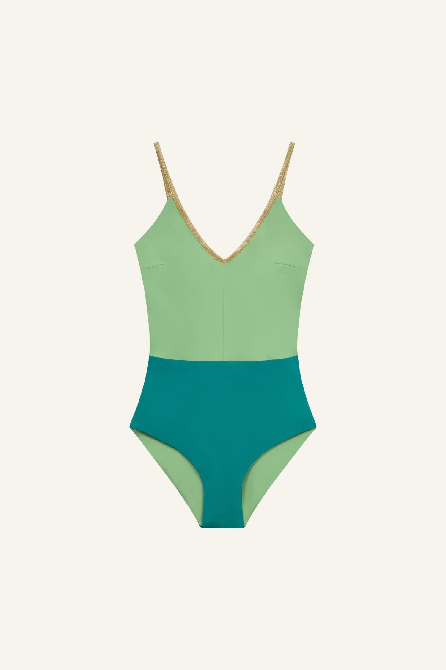 MYMARINI One-Piece Badeanzug, zweifarbig grün/teal, V-Ausschnitt mit goldenen Trägern, klare Linien.#color_pine-basil