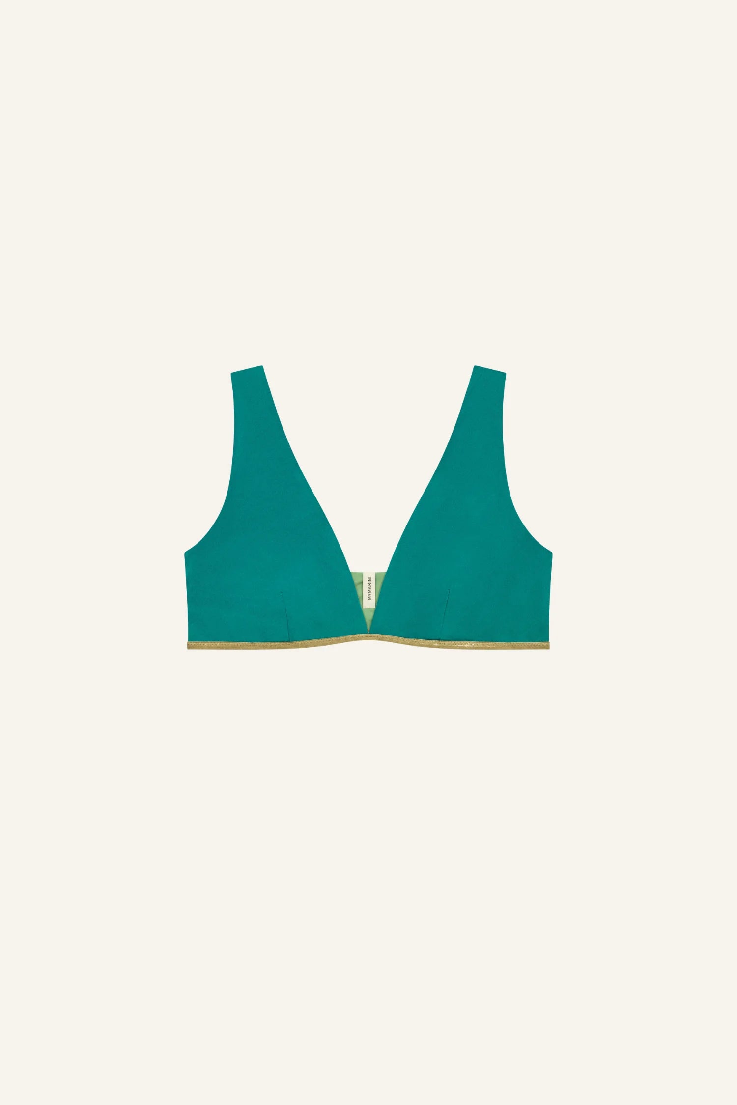 MYMARINI Bikini-Top in Teal, breite Träger, tiefer V-Ausschnitt, goldfarbener Untersaum; sichtbares Markenetikett.#color_pine-basil