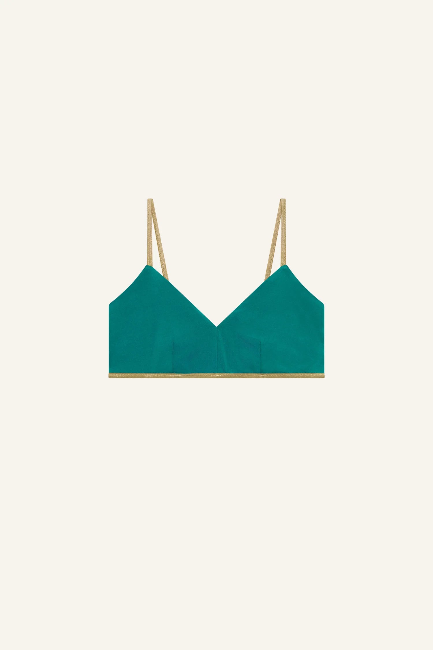 MYMARINI Bikinitop in petrolfarbenem Teal mit beigefarbenen Trägern, V-Ausschnitt, Unterband – Produktdarstellung.#color_pine-basil