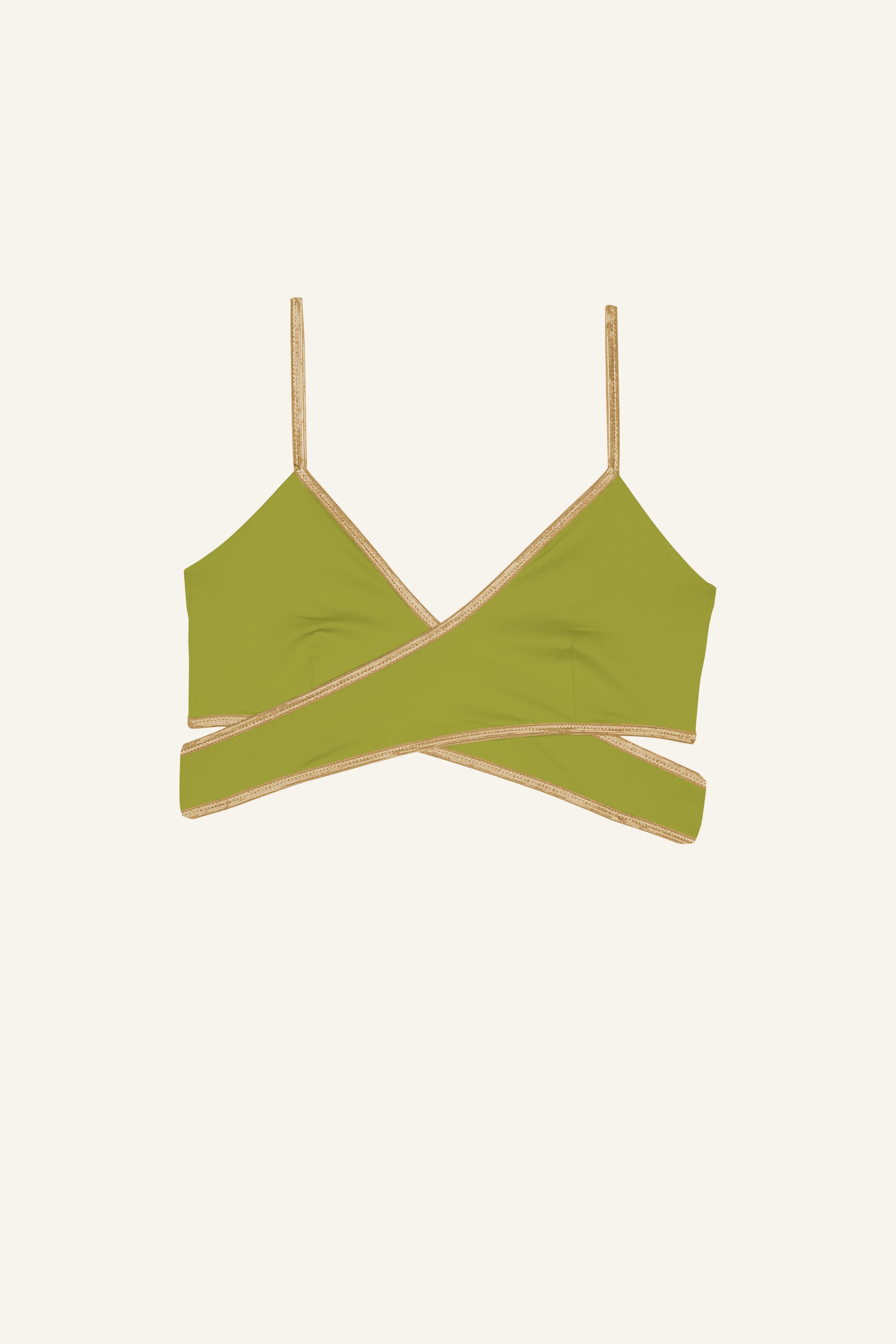 MYMARINI Bikinitop in Olivgrün mit Spaghettiträgern und überkreuztem Design vor hellem Hintergrund.#color_apple-leaves