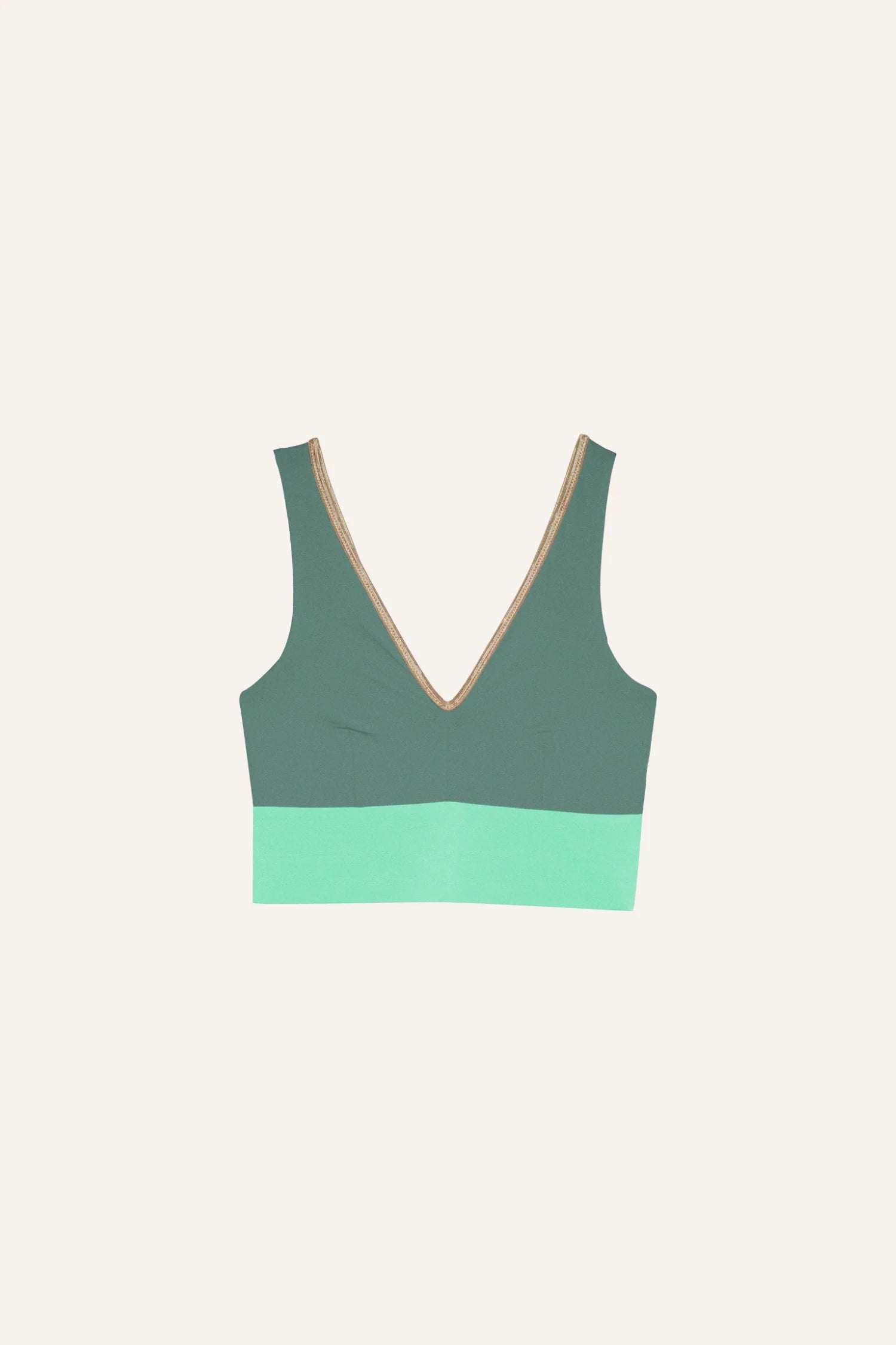 MYMARINI Bikinitop mit V-Ausschnitt in Grün und Mint, breiten Trägern, auf hellem Hintergrund.#color_lagoon-teal