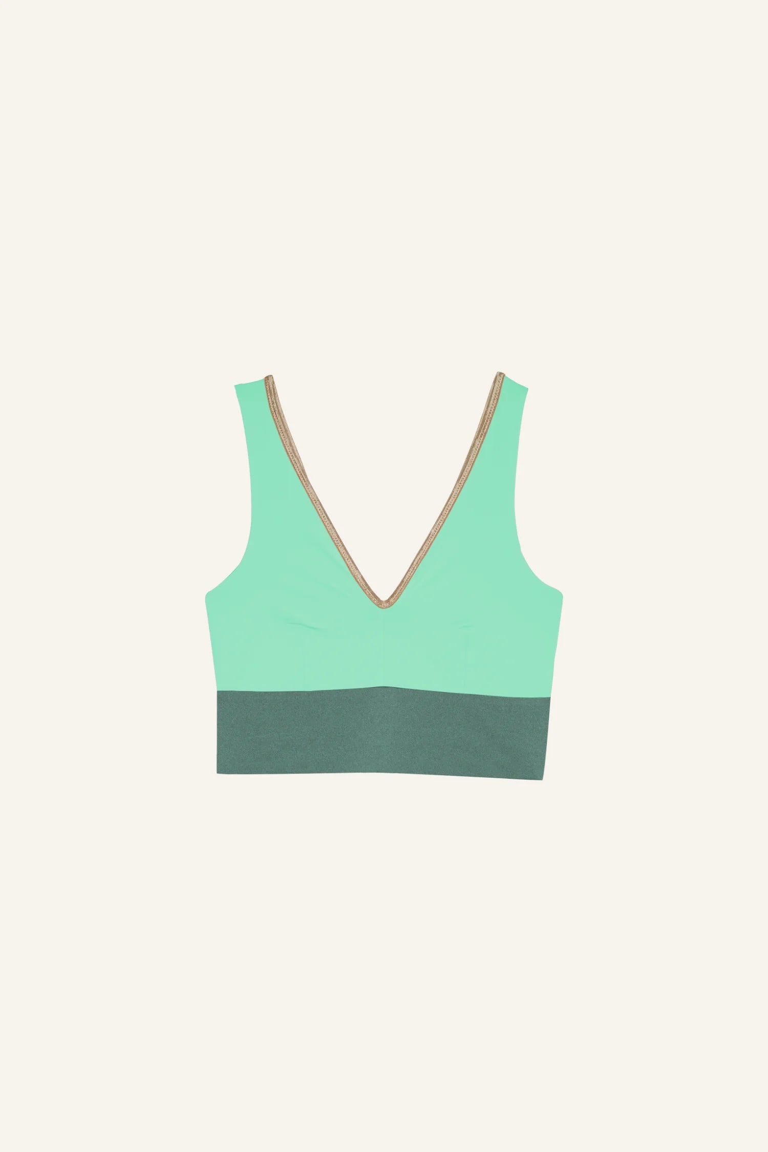 MYMARINI Bikinitop in Mintgrün mit V-Ausschnitt und breiten Trägern auf hellem Hintergrund.#color_lagoon-teal