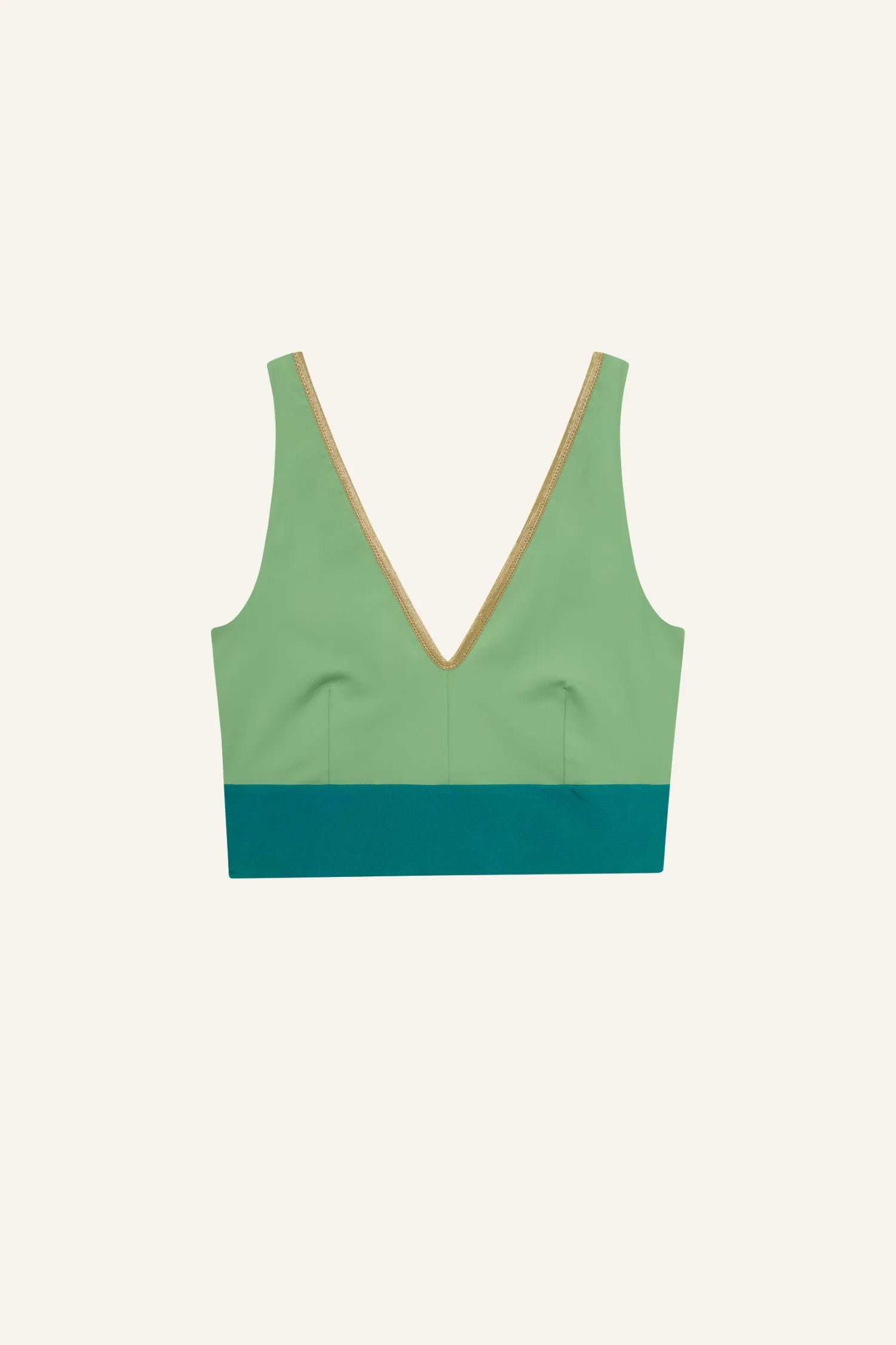 MYMARINI Bikini-Top mit V-Ausschnitt, Hellgrün oben, petrolfarbener Saum unten, geradlinige Passform.#color_pine-basil