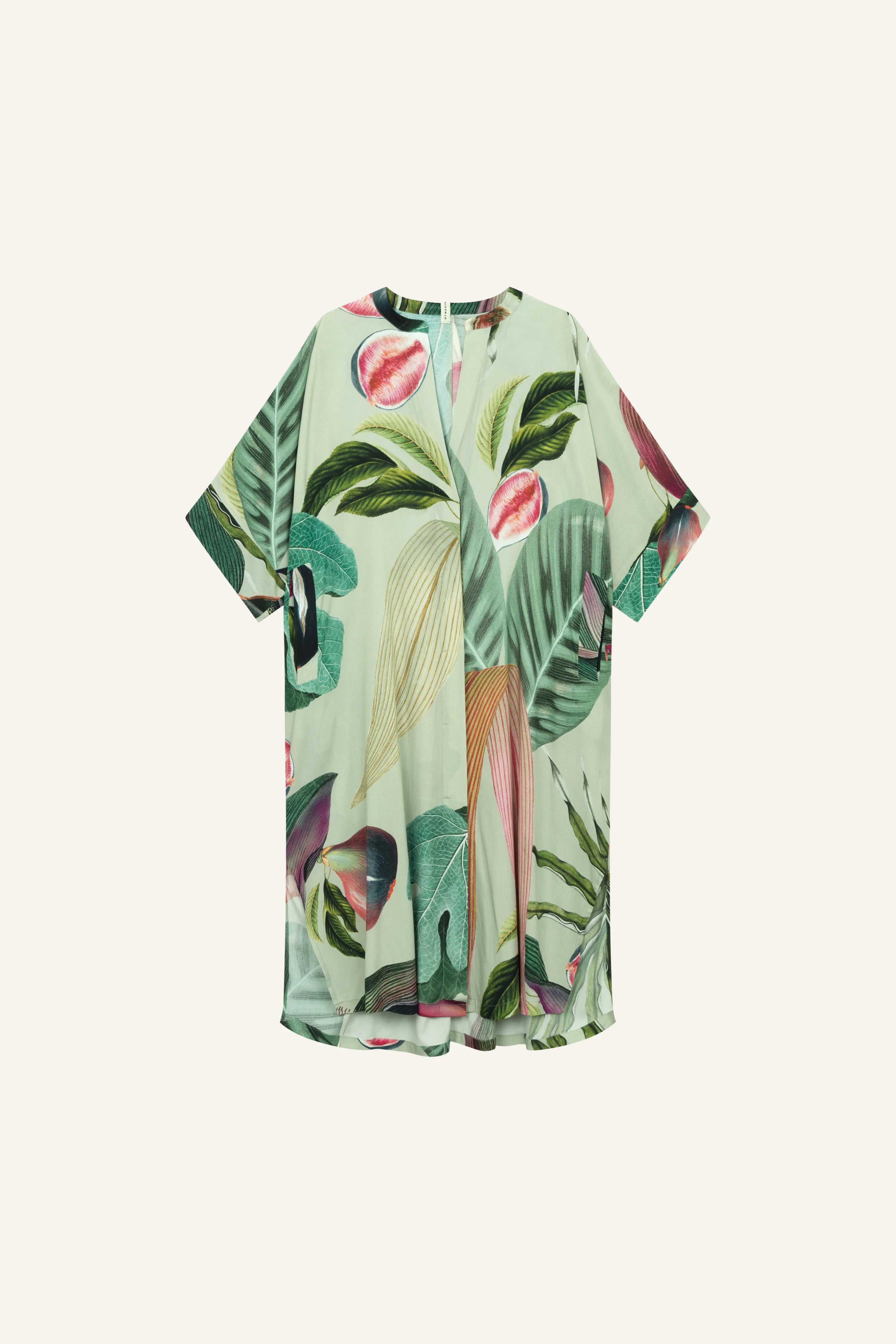 Leichtes, kurzärmeliges MYMARINI-Kleid mit tropischem Muster auf hellem Hintergrund.#color_tropical-print