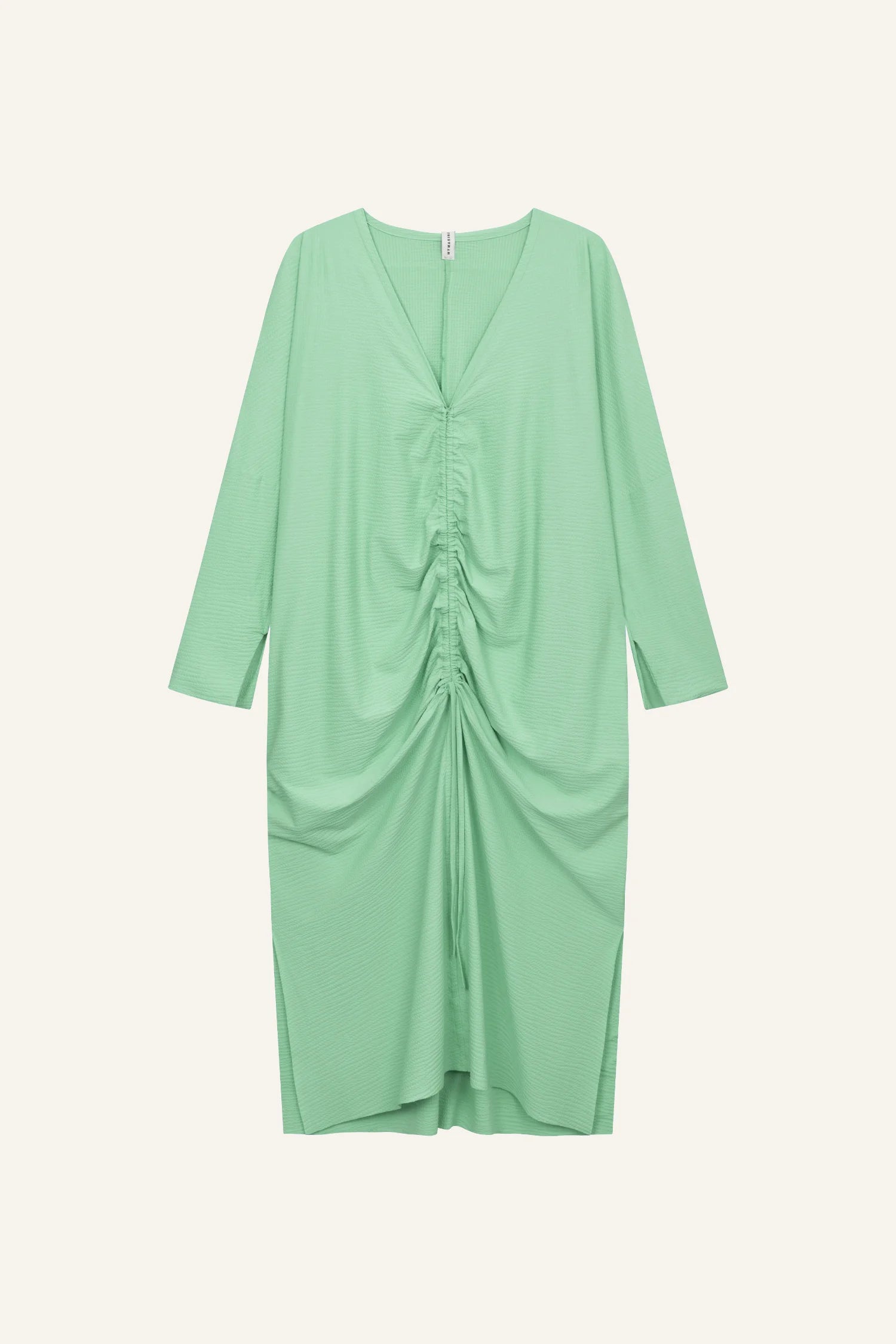 MYMARINI Kleid in hellem Grün mit V-Ausschnitt und langen Ärmeln, mittig gerafft.#color_lagoon