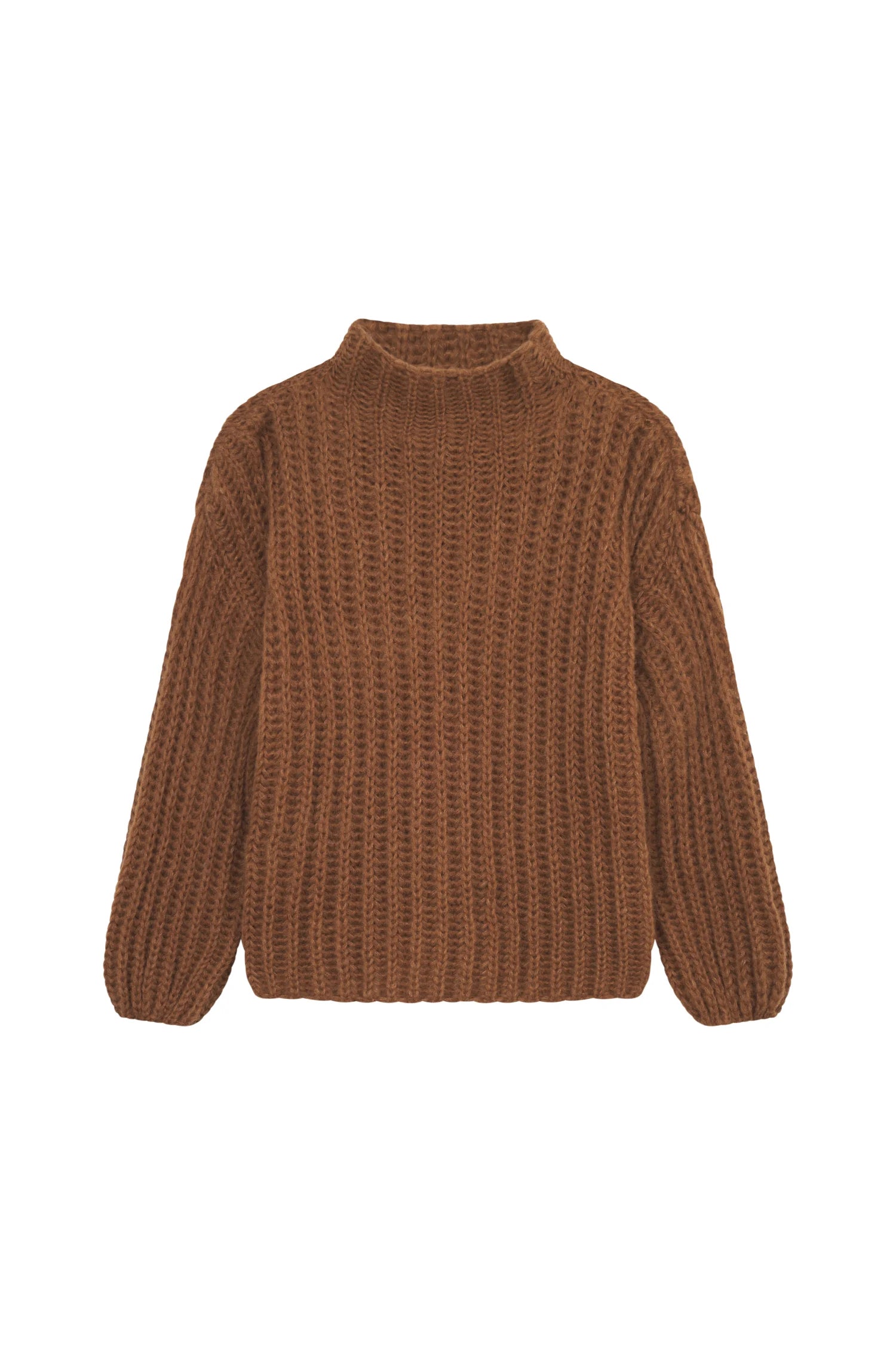 Brauner Strickpullover mit Rollkragen von MYMARINI, langärmlig und grob gestrickt.#color_camel