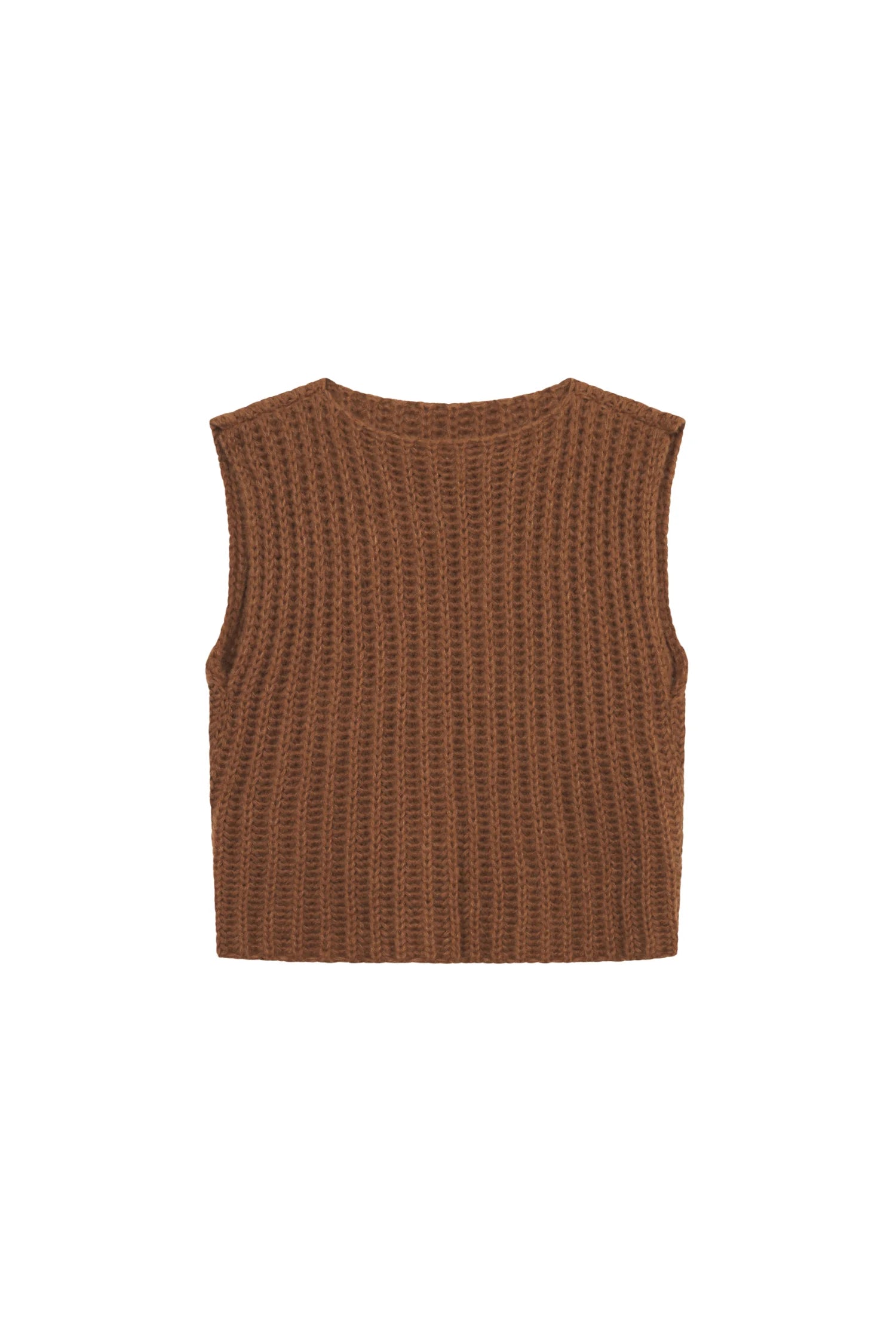 Braunes, ärmelloses Top von MYMARINI mit Rundhalsausschnitt, gestrickte Struktur.#color_camel