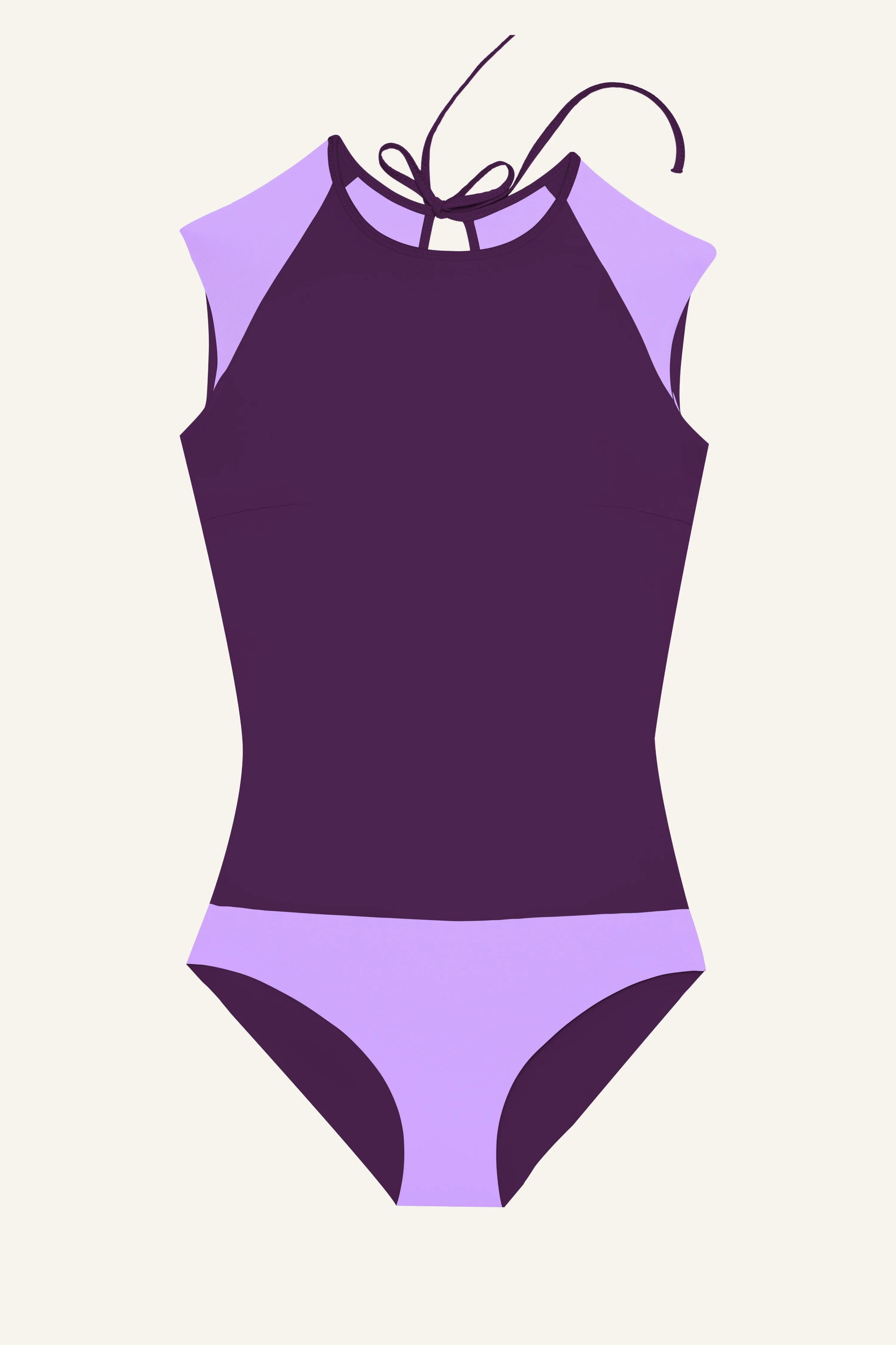 Ärmelloser MYMARINI Badeanzug in Lila mit hochgeschlossenem Schnitt und Rückenschnürung.#color_lavender-plum