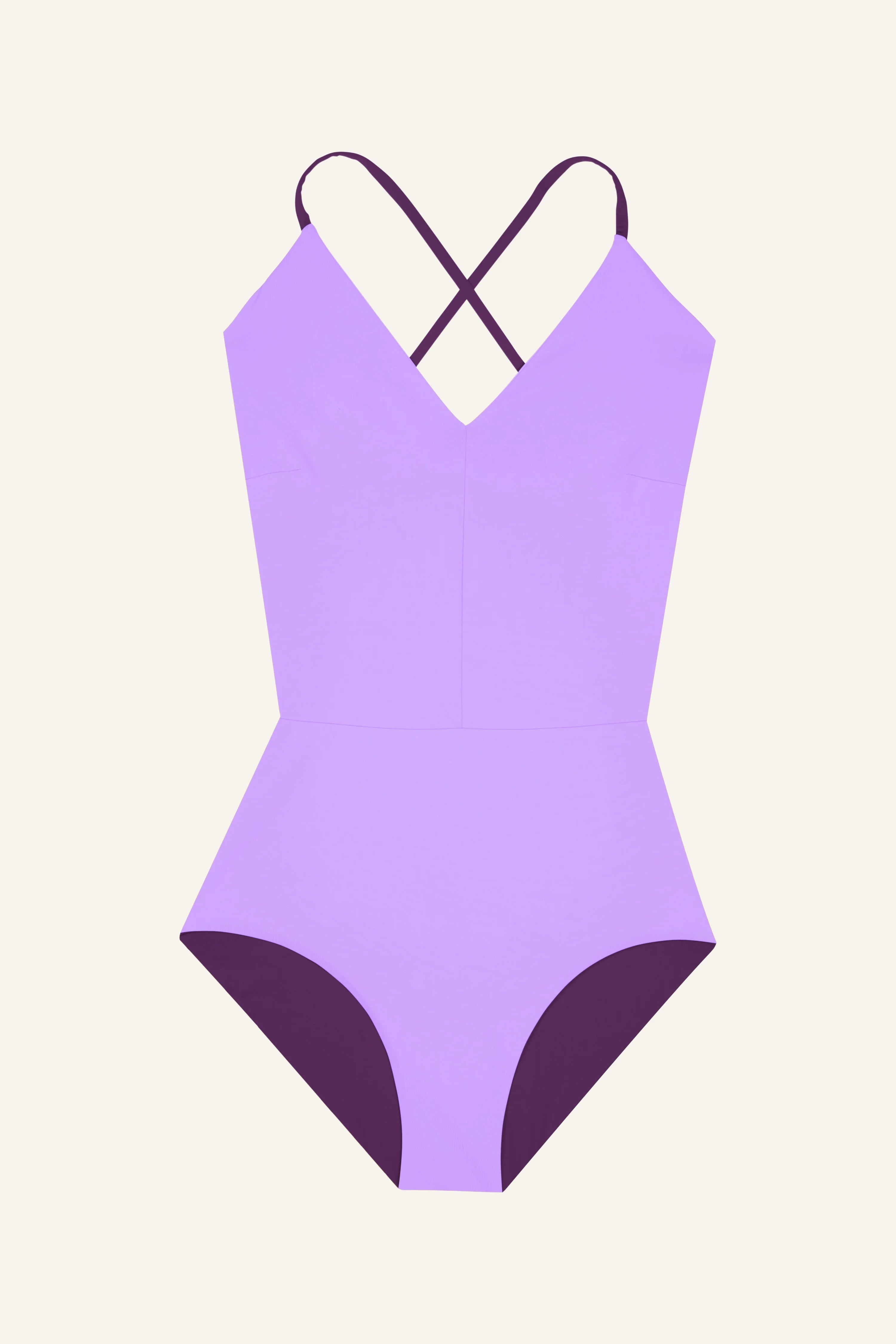 Lila MYMARINI Badeanzug mit V-Ausschnitt und hohem Beinausschnitt, Cross-Top-Träger.#color_lavender-plum