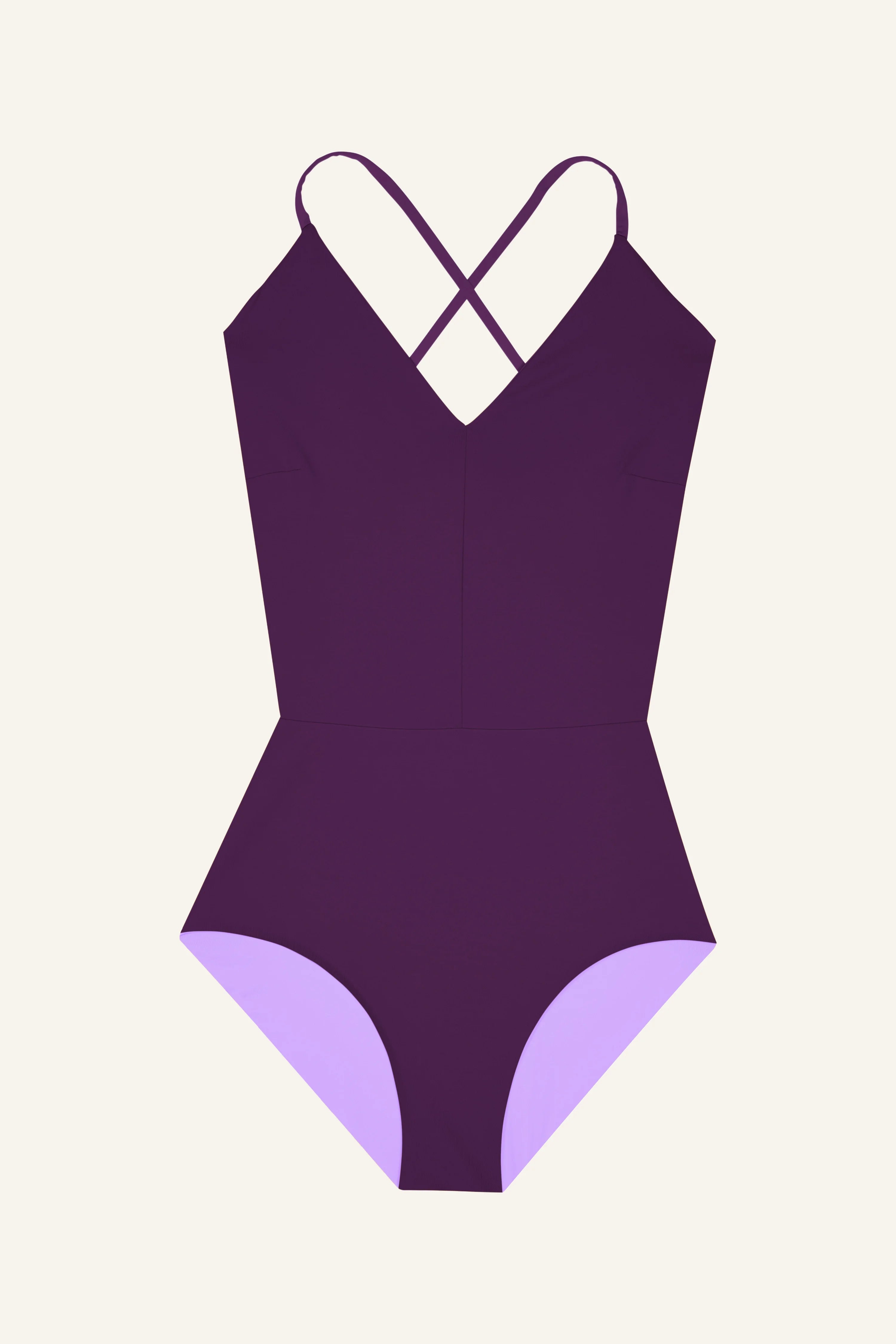 Lila MYMARINI Badeanzug mit V-Ausschnitt und überkreuzten Trägern.#color_lavender-plum