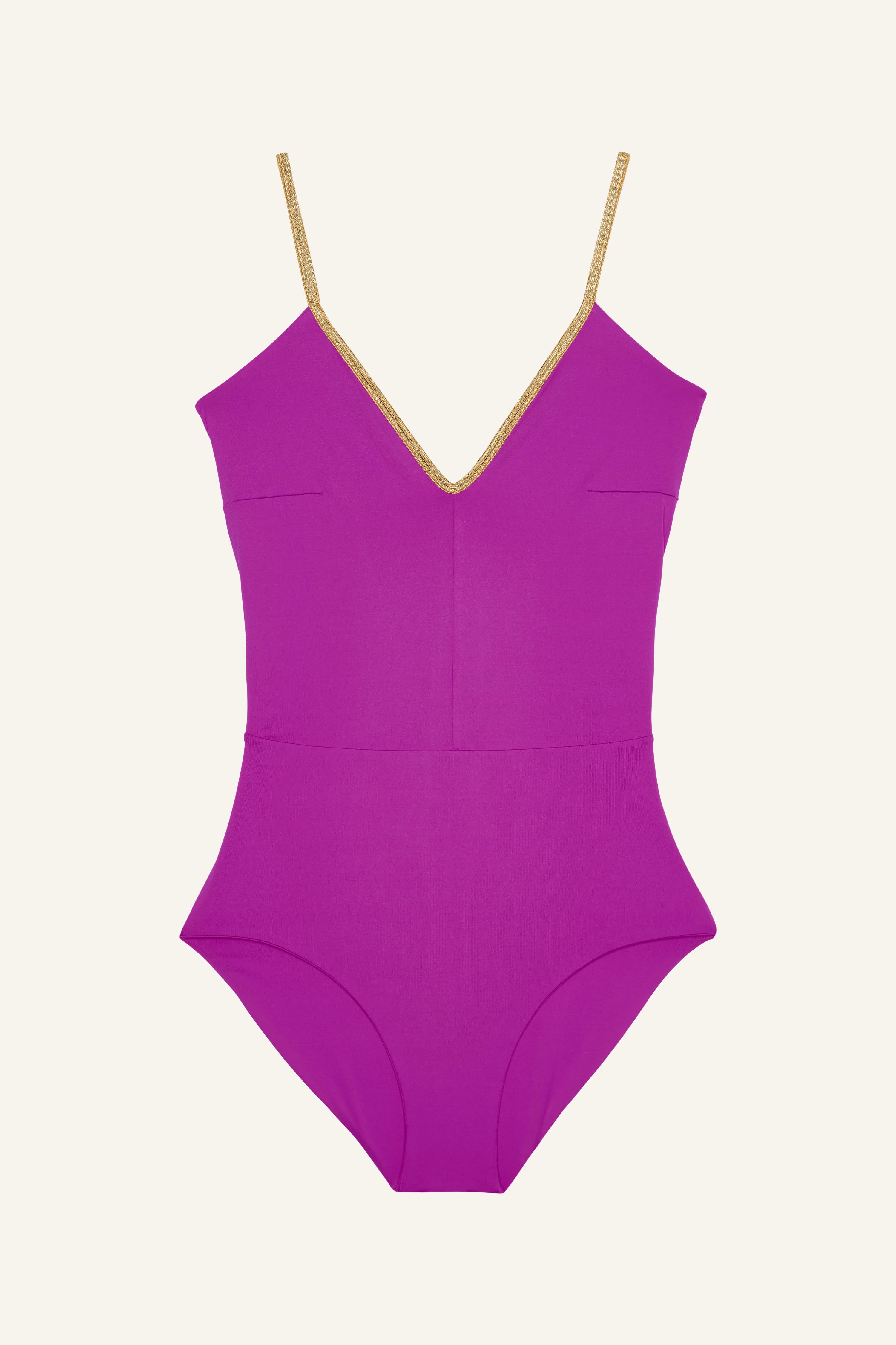 Lila MYMARINI Badeanzug mit V-Ausschnitt und Spaghettiträgern auf hellem Hintergrund.#color_papaya-cassis