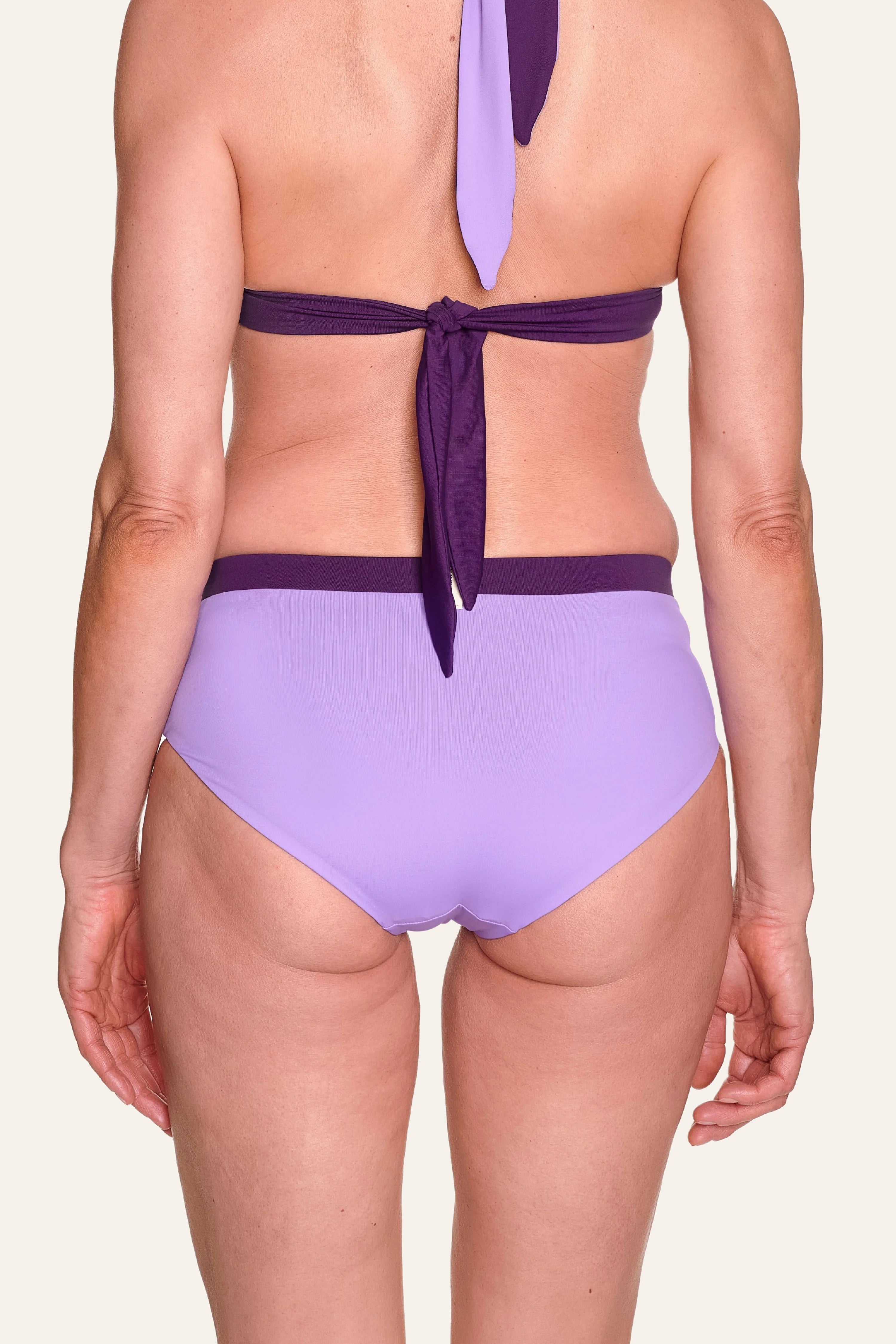 Rückansicht einer Person in MYMARINI Bikinihose mit hohem Beinausschnitt und Neckholder-Top in Lila.#color_lavender-plum