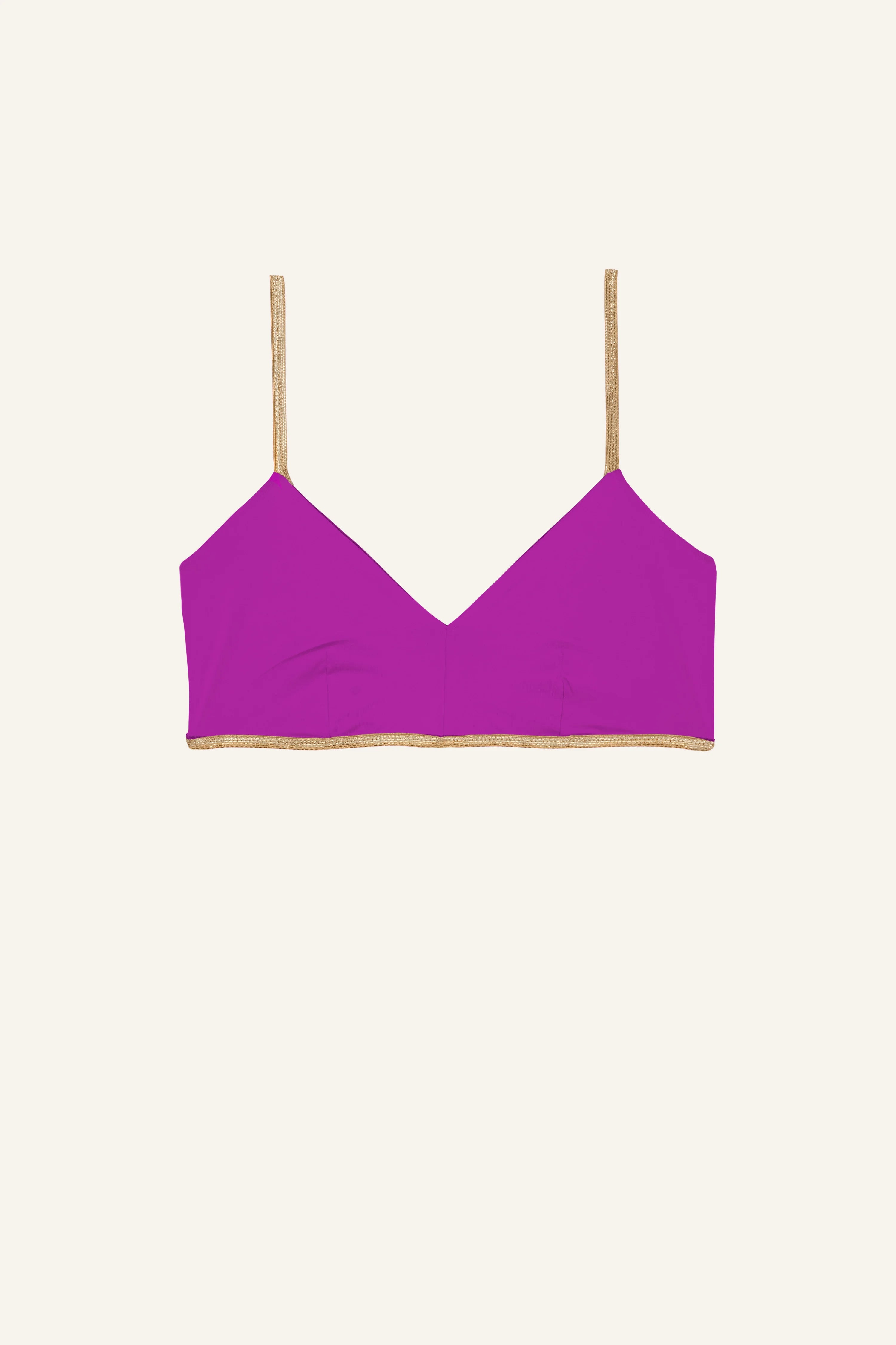 MYMARINI Bikinitop in Lila mit V-Ausschnitt und Spaghettiträgern auf hellem Hintergrund.#color_papaya-cassis
