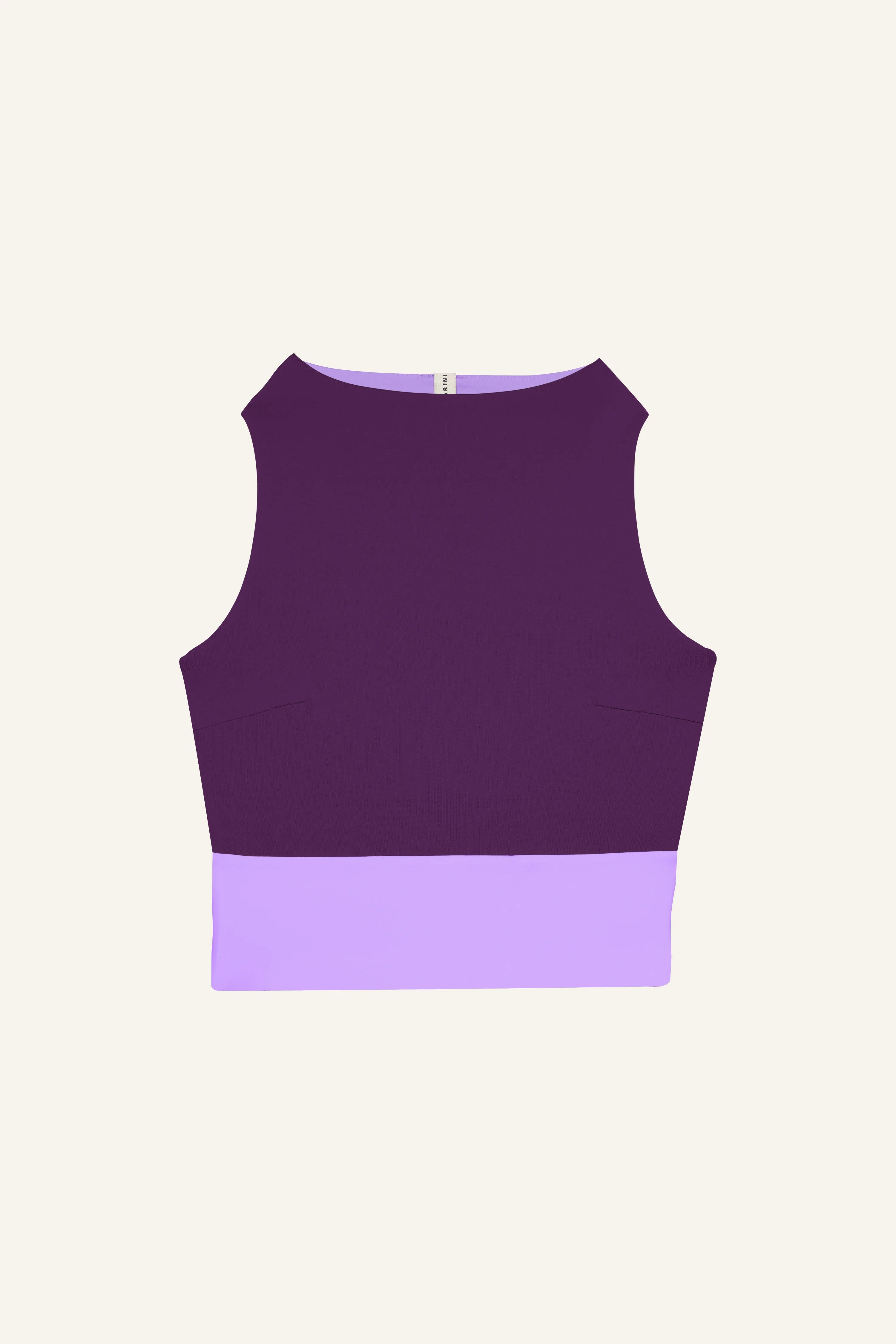 Ärmelloses MYMARINI-Top in Lila mit Rundhalsausschnitt und breitem, hellviolettem Bund.#color_lavender-plum