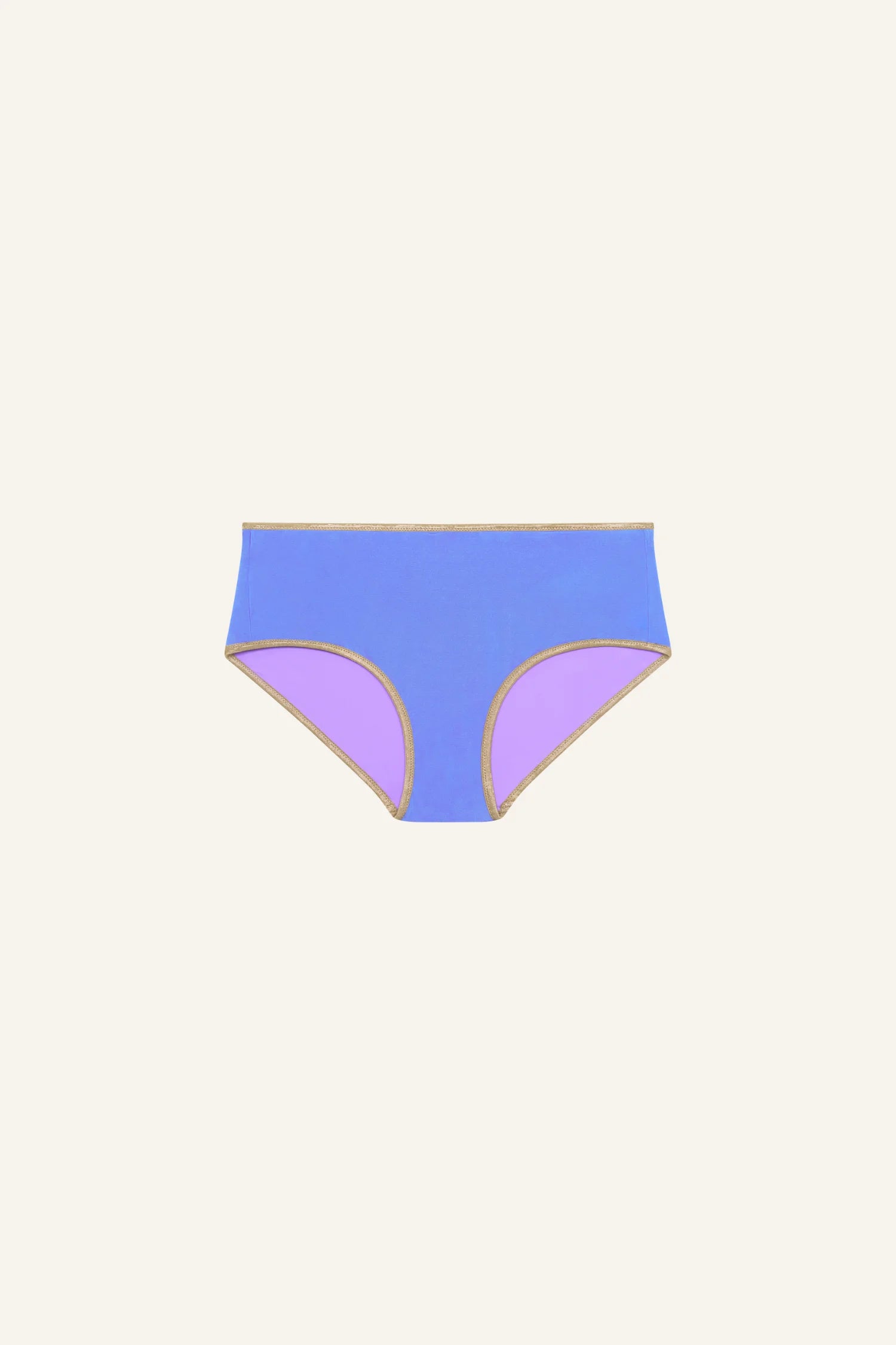 MYMARINI Bikinihose in Blau mit lilafarbenen Einsätzen, hoher Taillenschnitt, goldene Ziernaht.#color_lapis-lavender