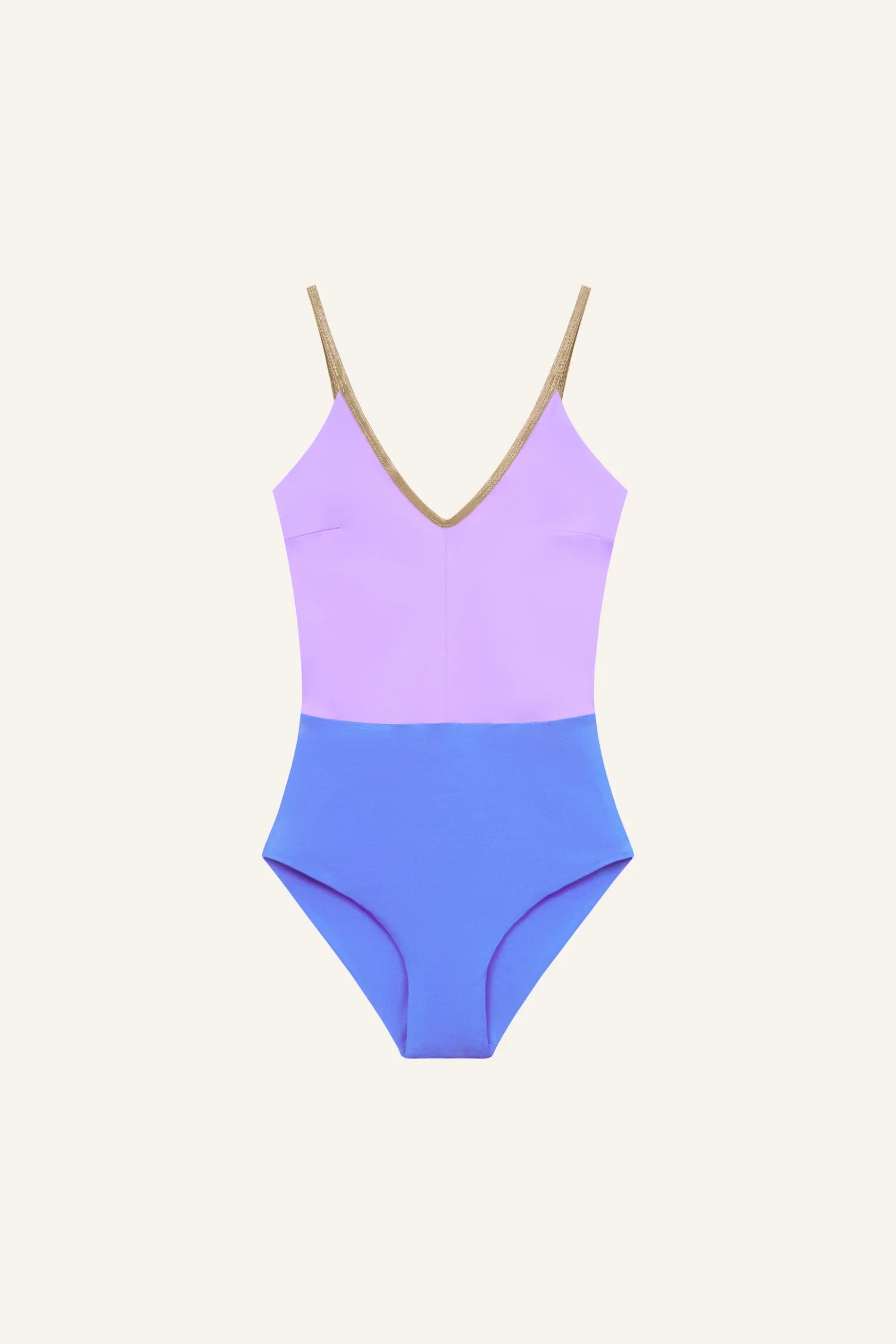 MYMARINI Einteiliger Badeanzug, Farbblock Lila oben und Blau unten, goldene Spaghettiträger, V-Ausschnitt.#color_lapis-lavender