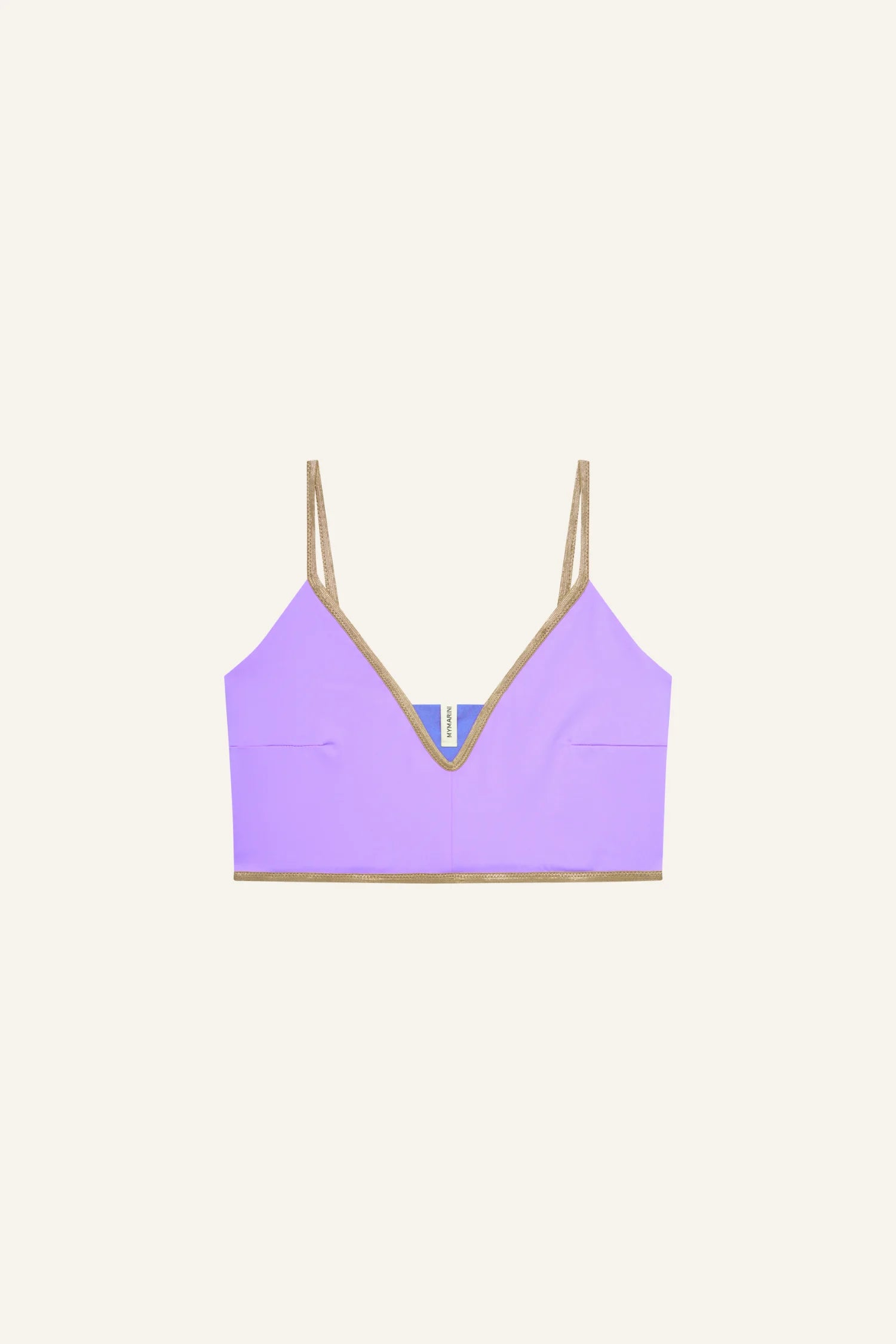 MYMARINI Bikini-Top in Flieder mit goldenen Trägern und Goldkante, V-Ausschnitt.#color_lapis-lavender