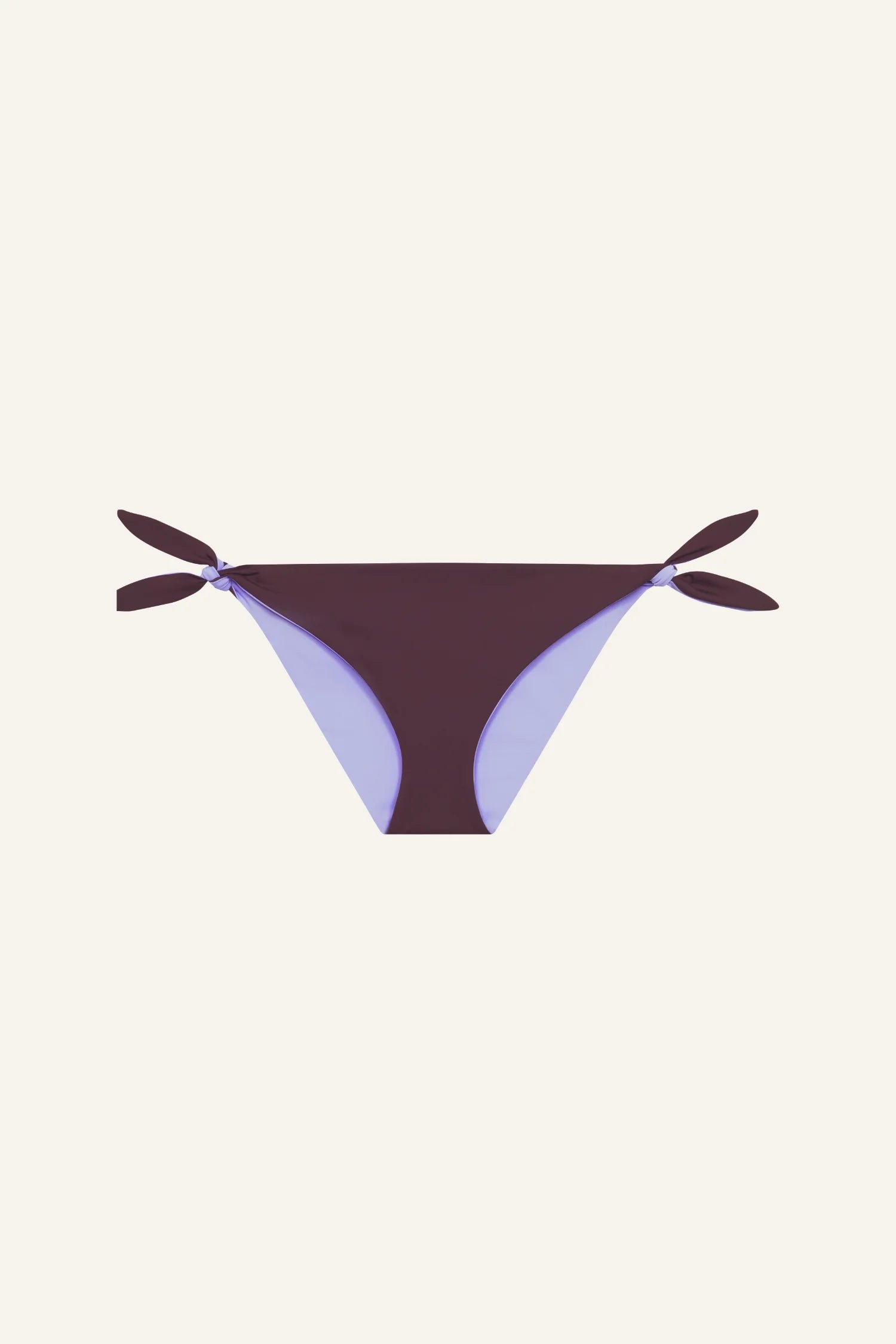 MYMARINI Bikinihose mit seitlichen Knoten, dunkelrot und lavendel, mittlerer Beinausschnitt.#color_chocolate-lilac