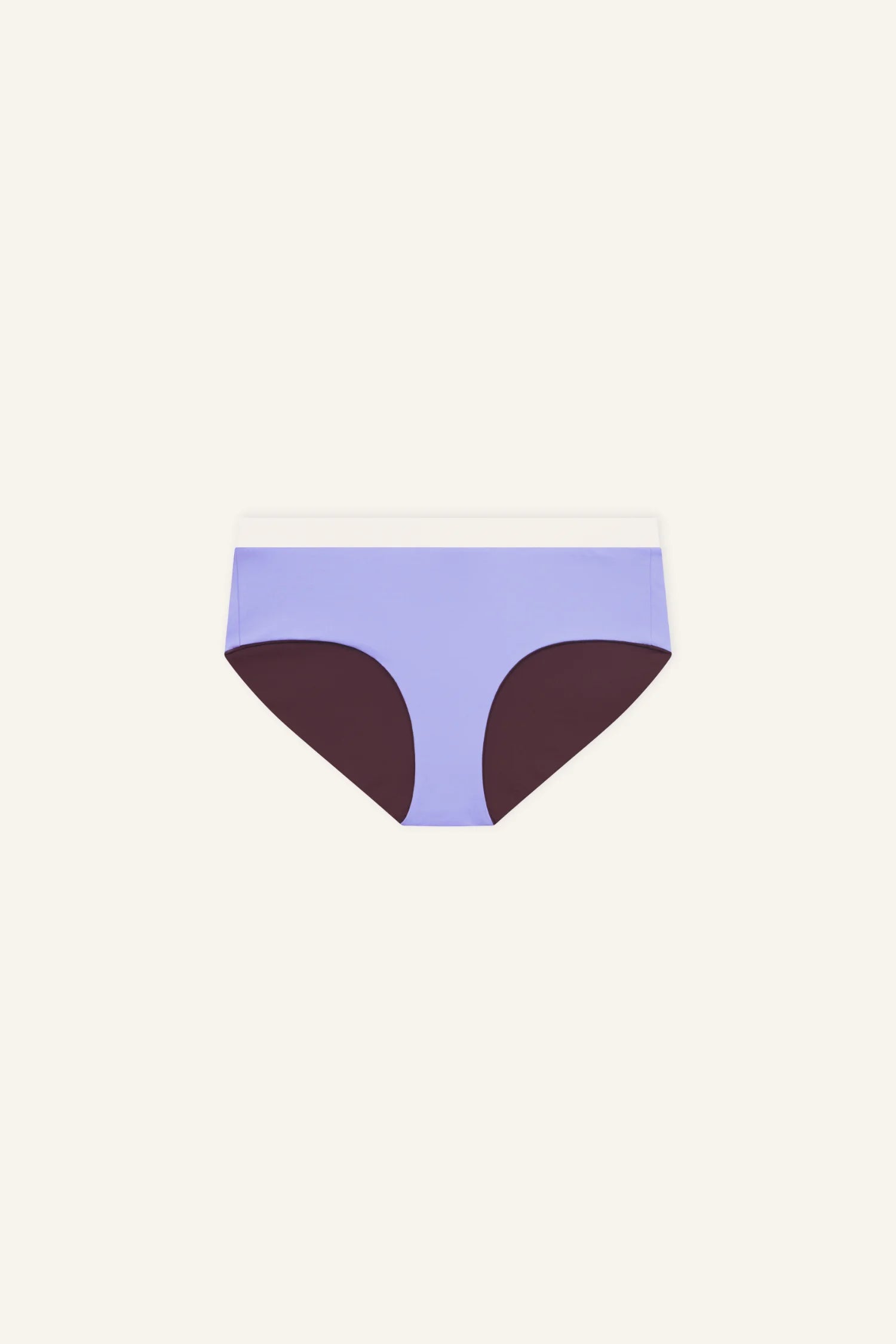 MYMARINI Bikinihose in Lila mit weißem Bund und braunen Seitenflächen, Mid rise.#color_chocolate-lilac