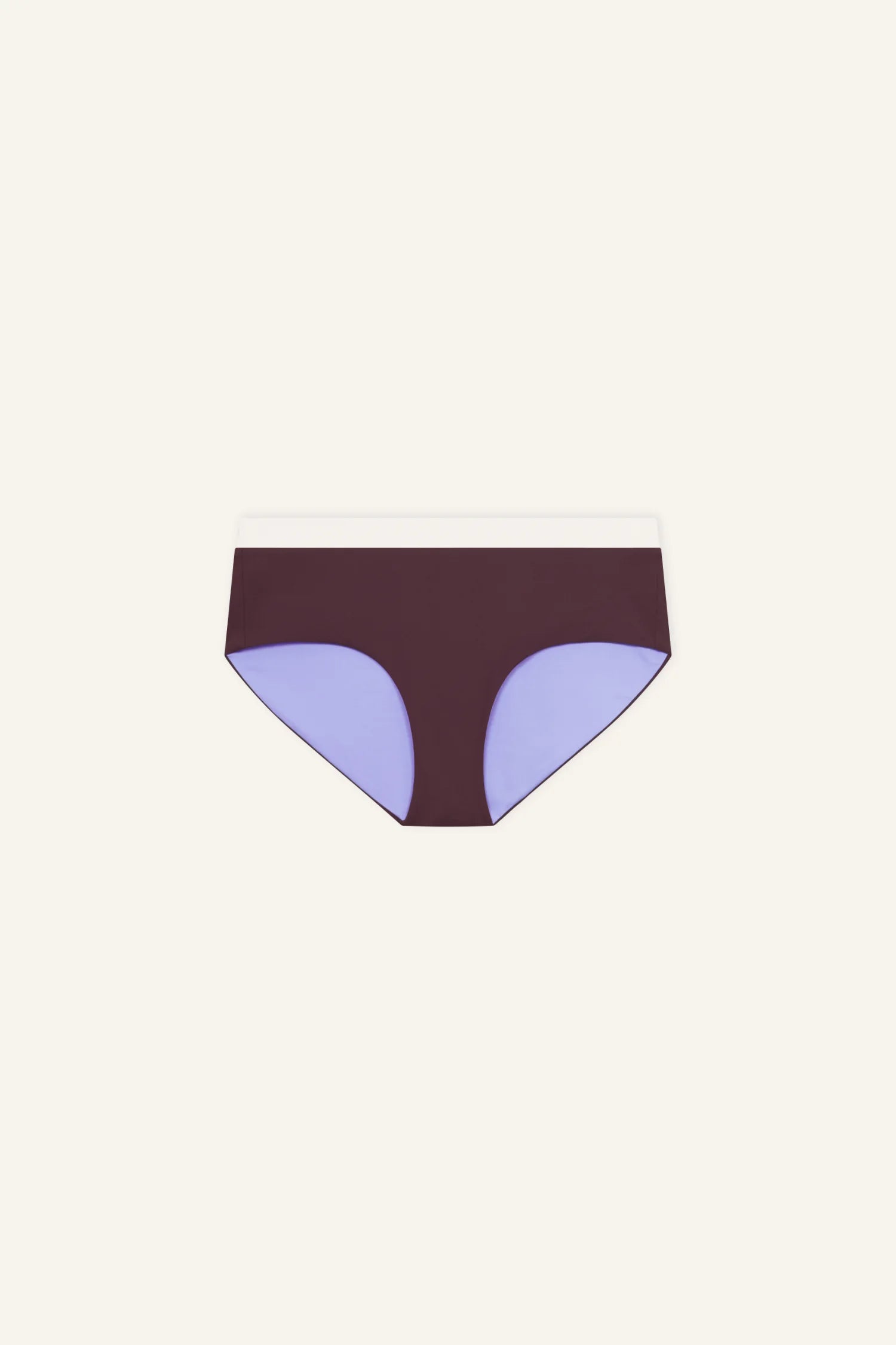 MYMARINI Bikini-Hose mit dunkler Front, helllila Seitenteilen und weißem Bund; mittlere Bundhöhe, Cluina-Design.#color_chocolate-lilac