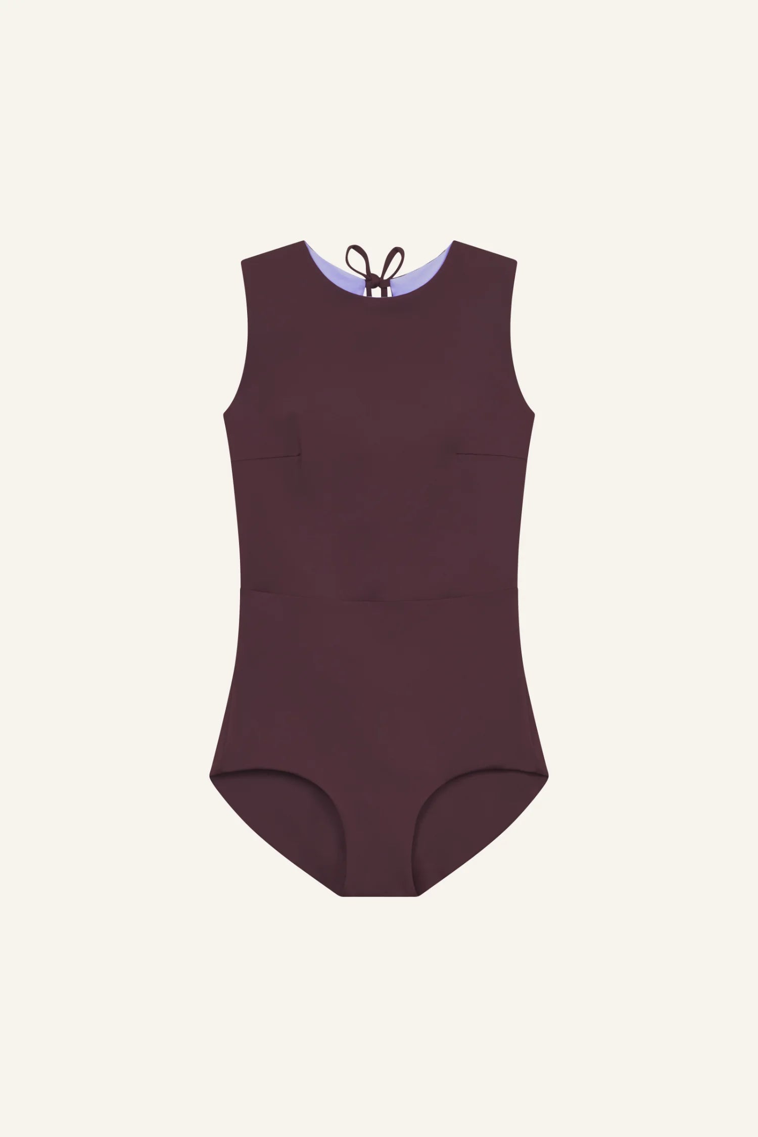 MYMARINI One-Piece-Badeanzug in Burgunderrot, hoher Rundhalsausschnitt, Rückenverschluss mit Bindeband.#color_chocolate-lilac