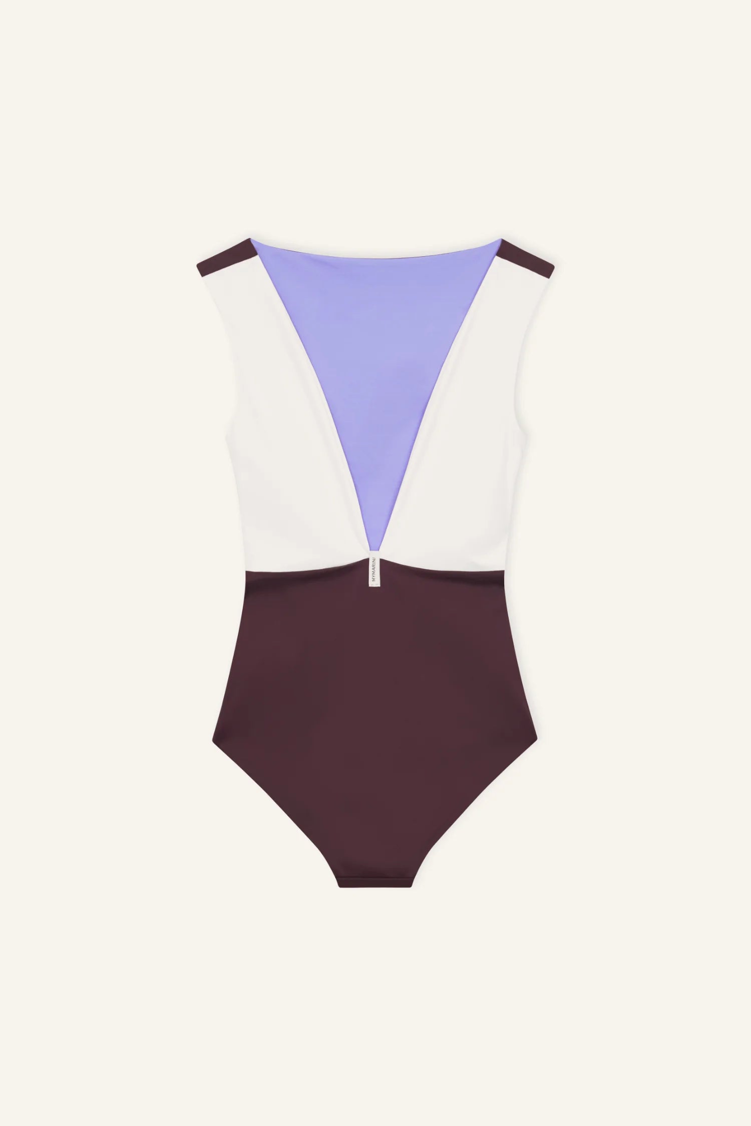 MYMARINI Einteiliger Badeanzug: weiße Seiten, lavendelfarbene V-Front, burgunderfarbener Unterteil, mittiger Reißverschluss, tiefer V-Ausschnitt.#color_chocolate-lilac