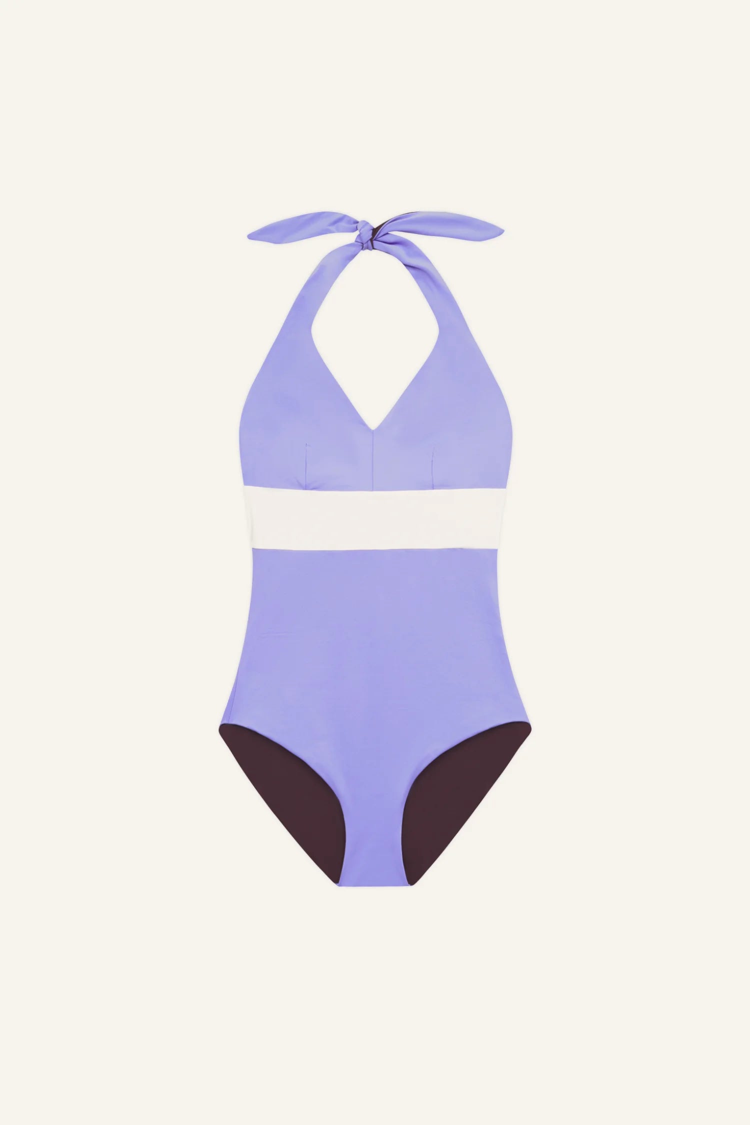 MYMARINI One-Piece mit Neckholder, violett mit weißem Taillenstreifen; Halterneck,Sagbarer Beinbereich.#color_chocolate-lilac