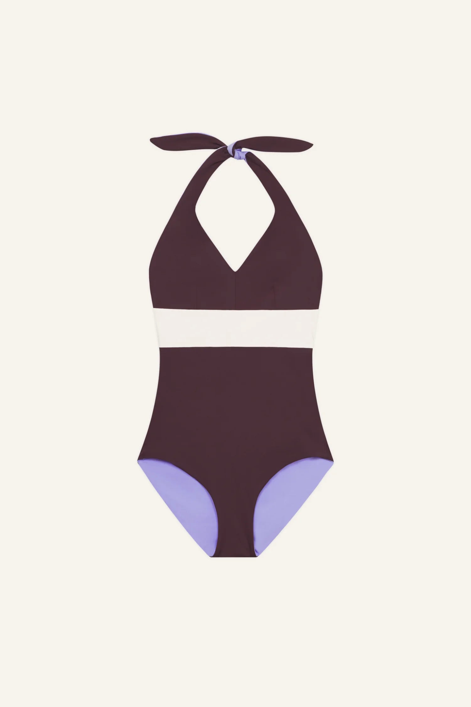 MYMARINI One-Piece Badeanzug in Burgunderrot mit weißer Mittelpartie, lilafarbene Beinausschnitte; Halter zum Binden, tiefer V-Ausschnitt.#color_chocolate-lilac